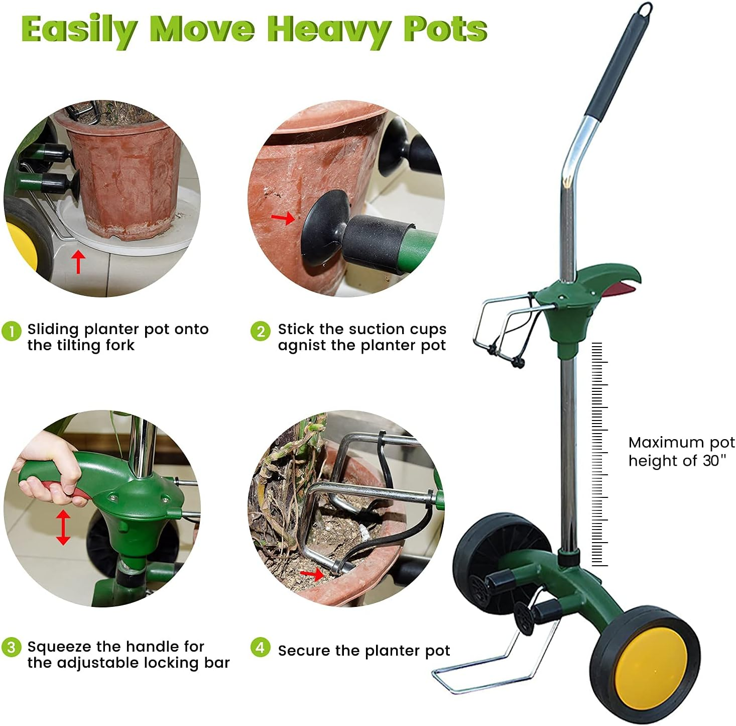 Garden Pot Mover with Adjustable Handle - Heavy Duty Plant Dolly Caddy with Sturdy Flat-Free Wheels and Gripping Suction Cups, Max 165 Lbs Weight Capacity