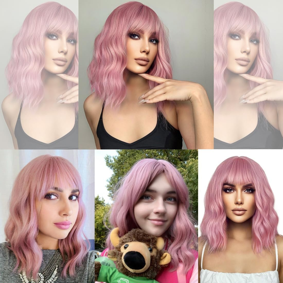 24 Inches Women Girls Short Curly Synthetic Wig with Bangs Lovely Pink image number 3