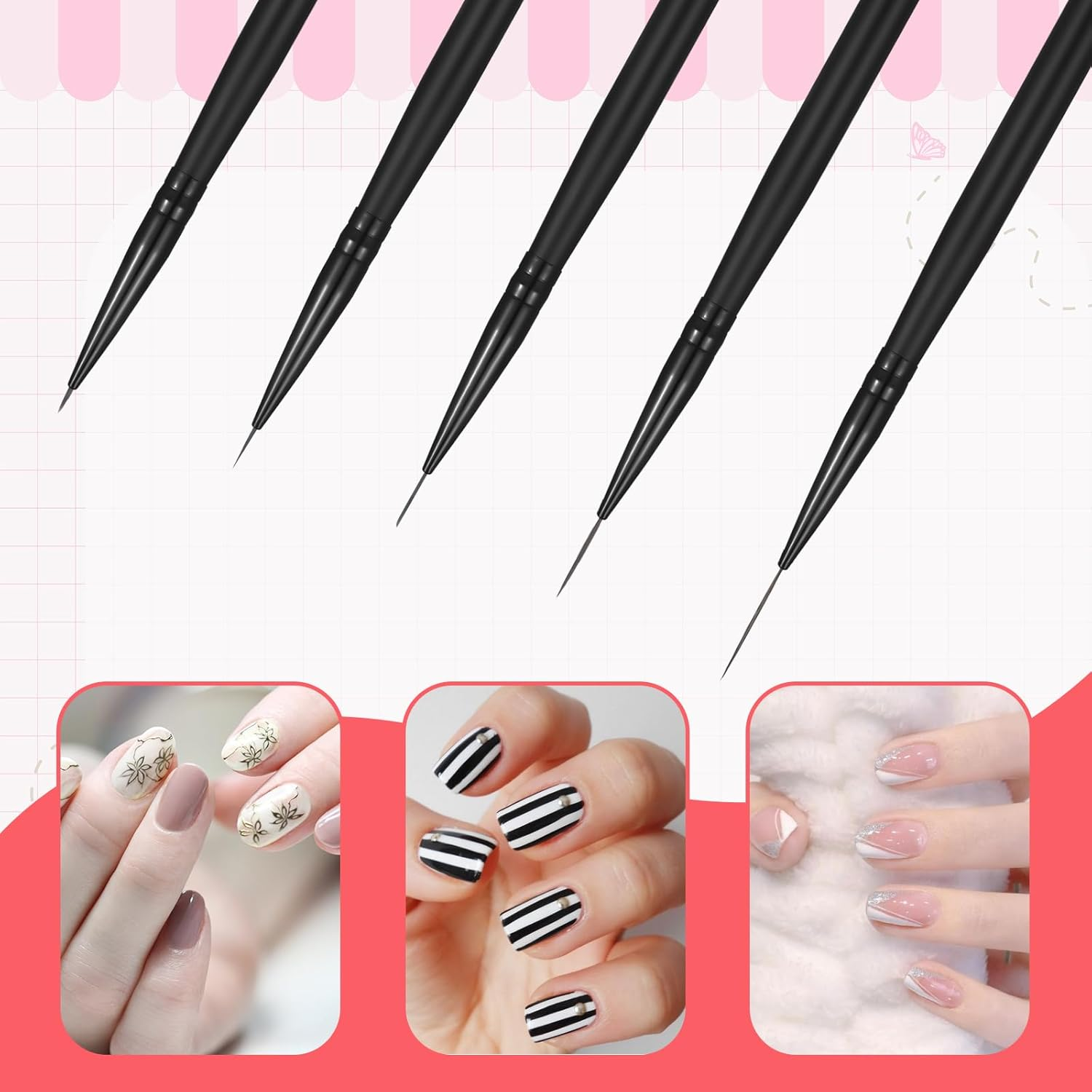 Set of 5 Nail Art Brush Liner Brushes and Dotting Tool Set Painting Art Design Brush Set Double End Nail Art Brush Set for Nail Design and Gel Nails Thin Details Long Lines 5/7/12/16/20 Mm