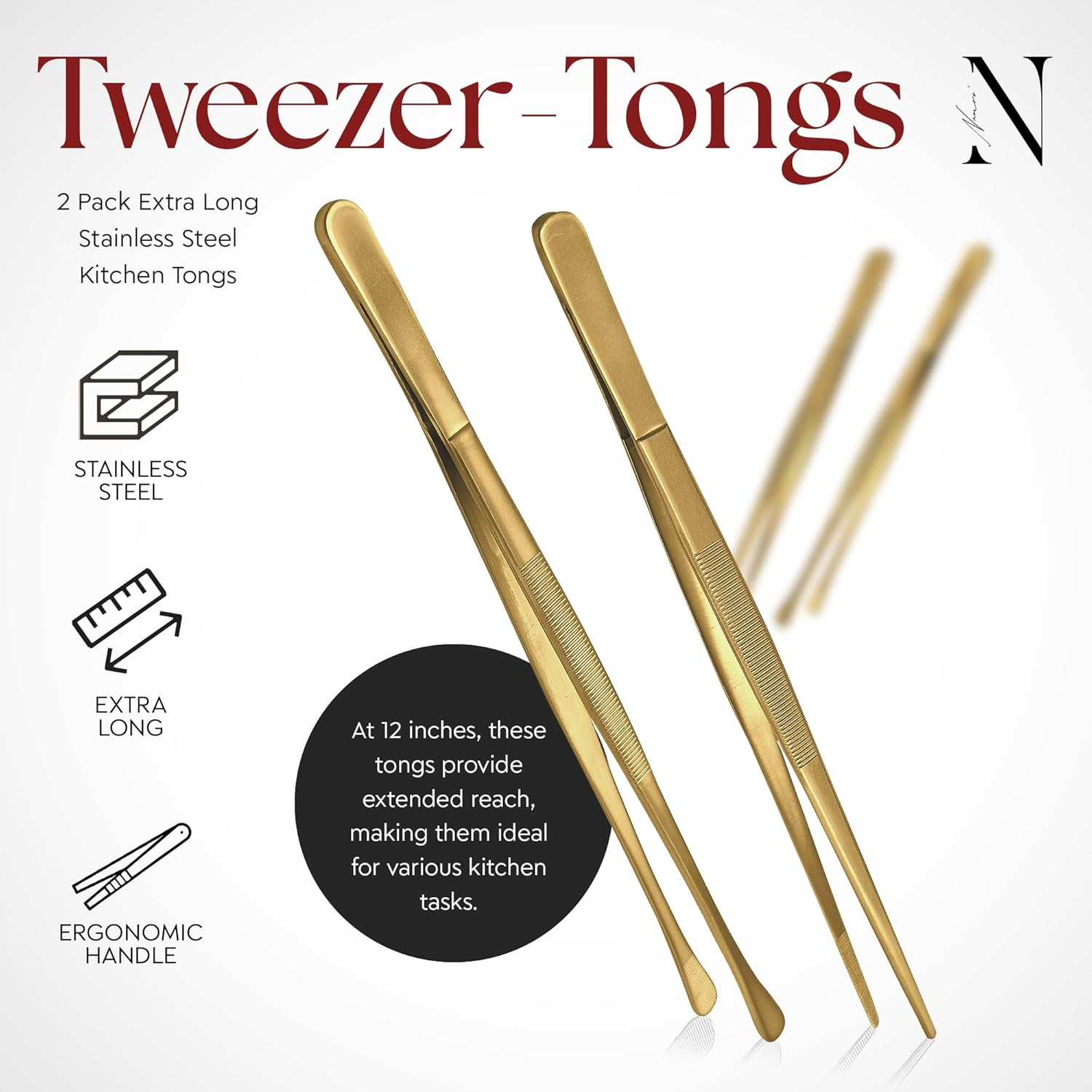 Namre' Tweezer Tongs for Cooking -Plating - 2 Pack Stainless Steel Cooking Tongs - Thin Chopstick Precise & Strong Chef Tweezers for Food & Small Objects - 12 Inch - (Gold) image number 4
