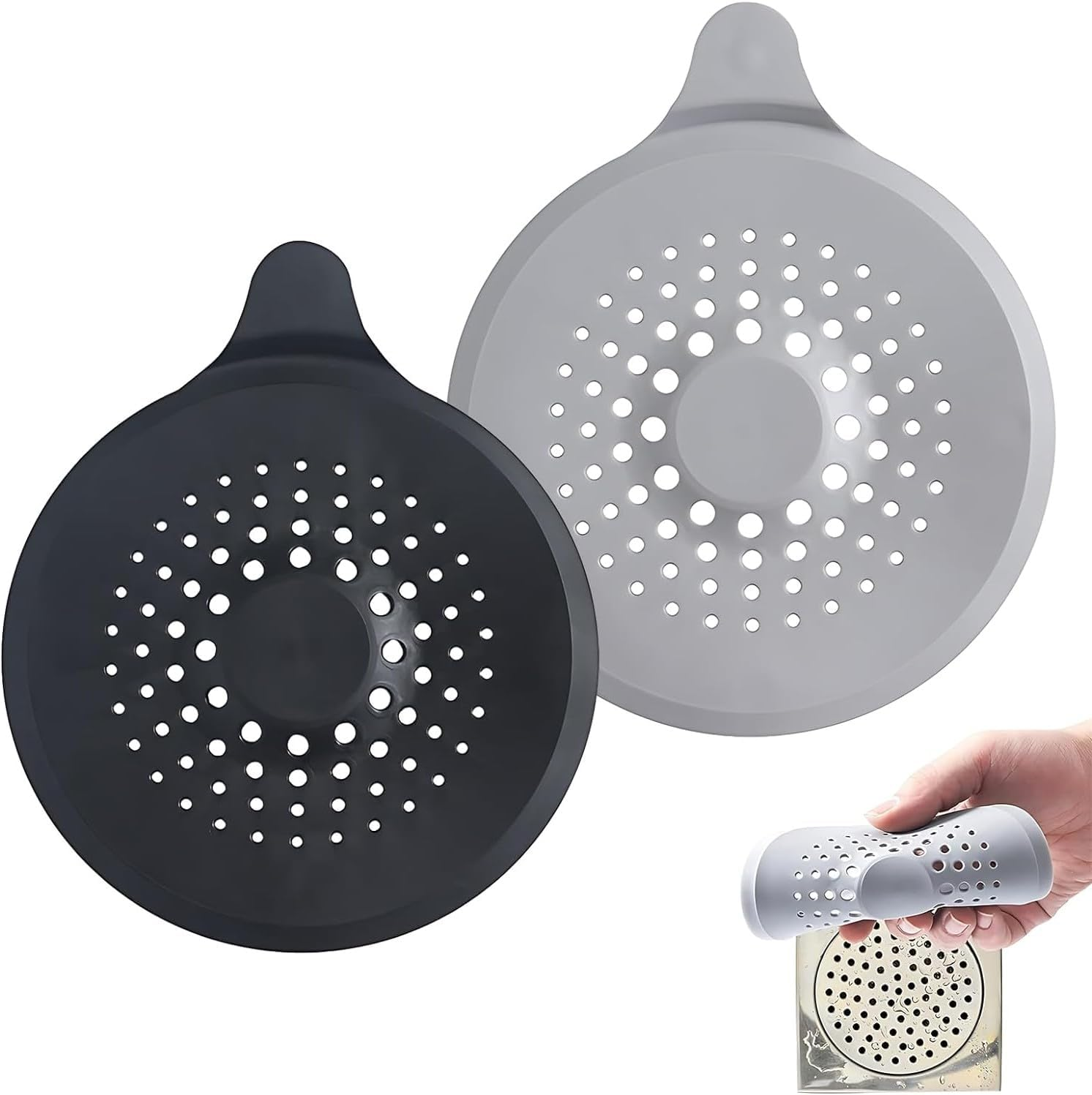 2 Pack Shower Drain Cover Hair Catcher with Suction Cups Foldable Sink Strainer Plug Trap Filter Silicone Shower Hair Trap Sink Strainer Protector for Sinks Kitchen Baths Bathtub Showers Black + Grey image number 2