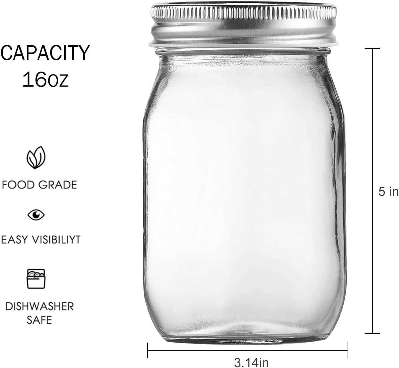 BEWAVE Glass Mason Jars, 16Oz Clear Glass Jars with Lids for Sealing, Regular Mouth Canning Jars for Food Storage, Snacks, Candies, DIY Projects, 4 Pcs