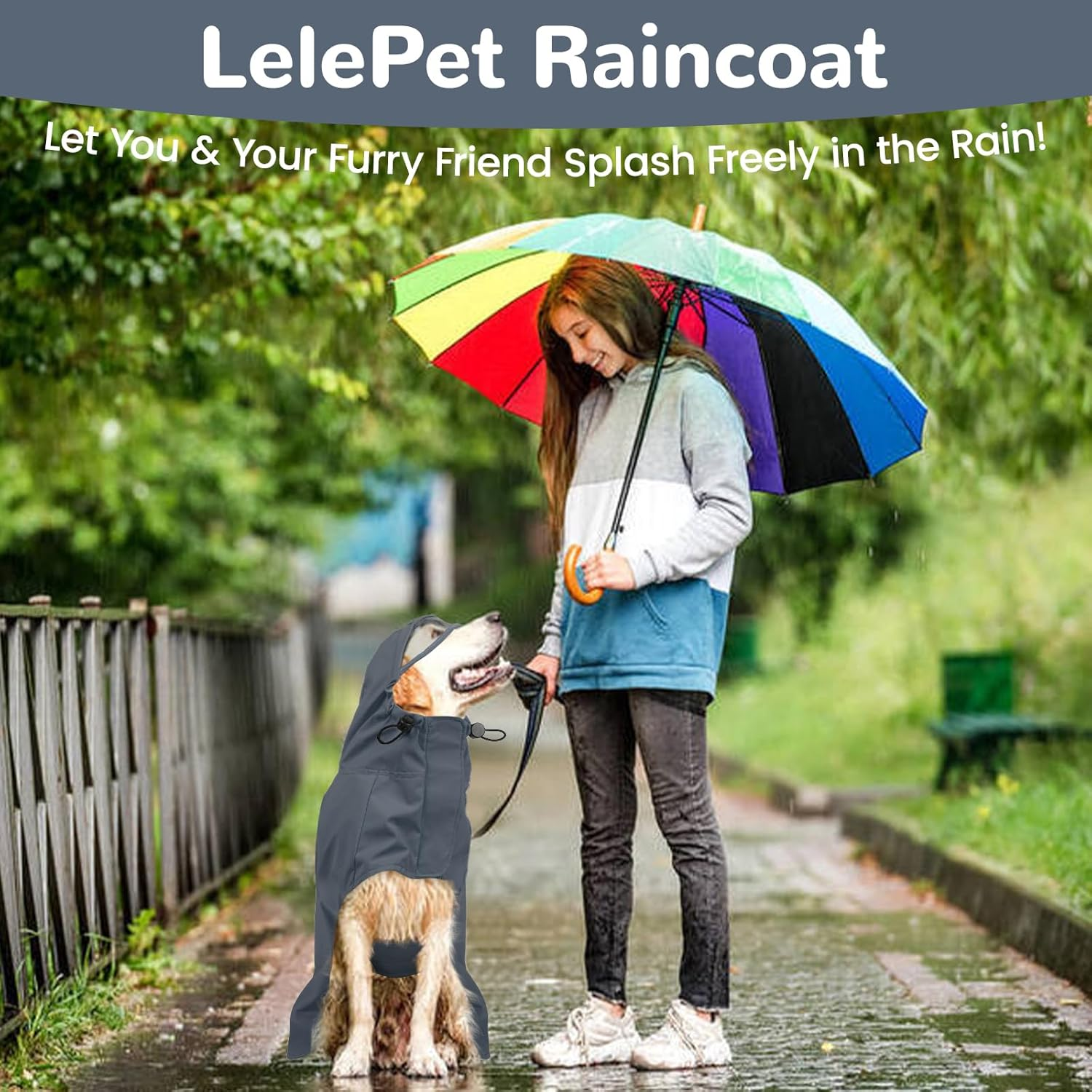 Lelepet Rain Coat for Large Dogs with Strip Reflective, Adjustable Dog Rain Jacket Poncho Hoodies with Hook & Loop Leash Hole, Windproof Clothes Dry Suit for Pets (Grey, 2XL) image number 5
