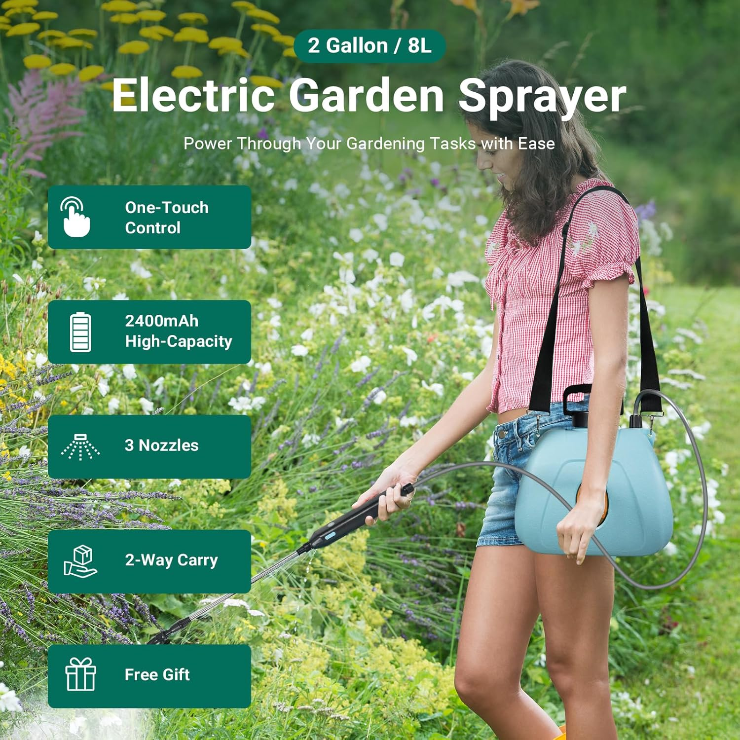 Liweght 8L Battery Powered Backpack Sprayer, 2400Mah USB Rechargeable Electric Garden Sprayer, 3 Adjustable Mist Nozzles, Telescopic Wand for Lawn, Yard & Weed Control image number 5