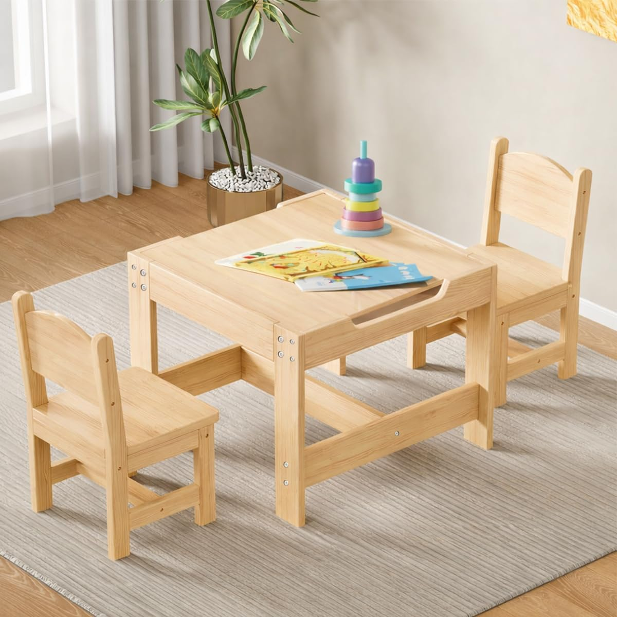 Solid Wood Toddler Table and Chair Set, 60X60Cm, Kids Wooden Table and 2 Chair Set, 3 in 1 Kids Activity Table Set with Storage Drawer for Toddler Reading, Drawing, Playrooms (Natural) image number 5