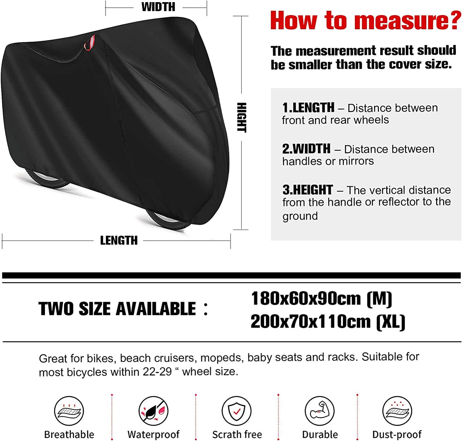 Bike Cover for Outdoor Storage Heavy Duty 210D Waterproof Bicycle Cover Rain UV Protection Dustproof with Lock Holes and Storage Bag for Cruisers, Mountain, Road Electric Bikes image number 2