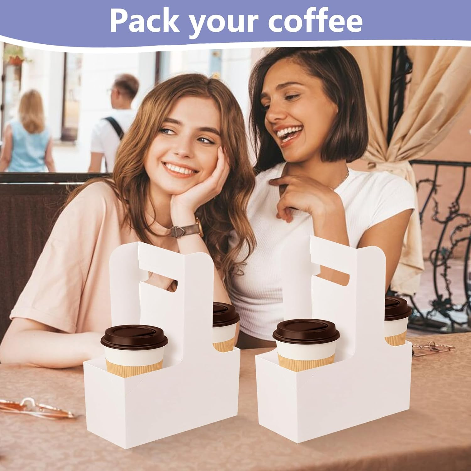 PEKGLOW 50Pcs 2 Cup Drink Carrier with Handle Kraft Paper Drink Carrier Drink Holder Disposable Paperboard Cup Holder Coffee Carrier Take Out Cup Carriers for Food Delivery Service Drink (White) image number 2