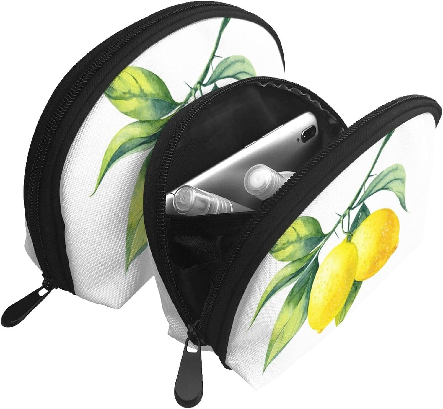 Cozimangoe Coin Pouch Makeup Bags Set, 2 Piece Shell Shape Cosmetic Bag with Pockets for Daily Travel Handbag Lipstick Keys Toiletry, Personalized Bright Yellow Lemon Fresh Fruit image number 3