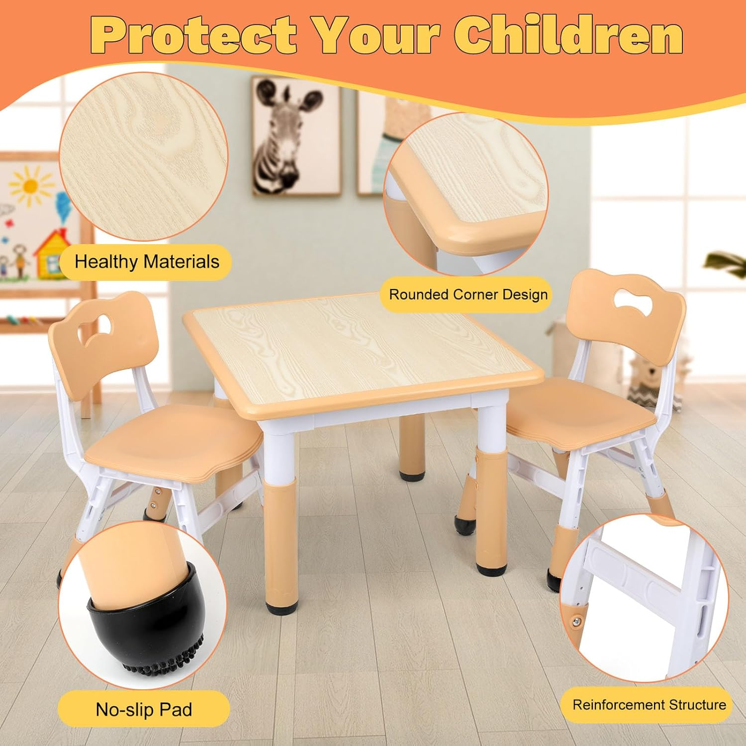 Omebel Kids Table and Chairs Set, Height Adjustable Toddler Table and Chair Set, Toddler Activity Table with Graffiti Top for Drawing Learning Play, Home Preschool Daycare, Ages 2-8 image number 4