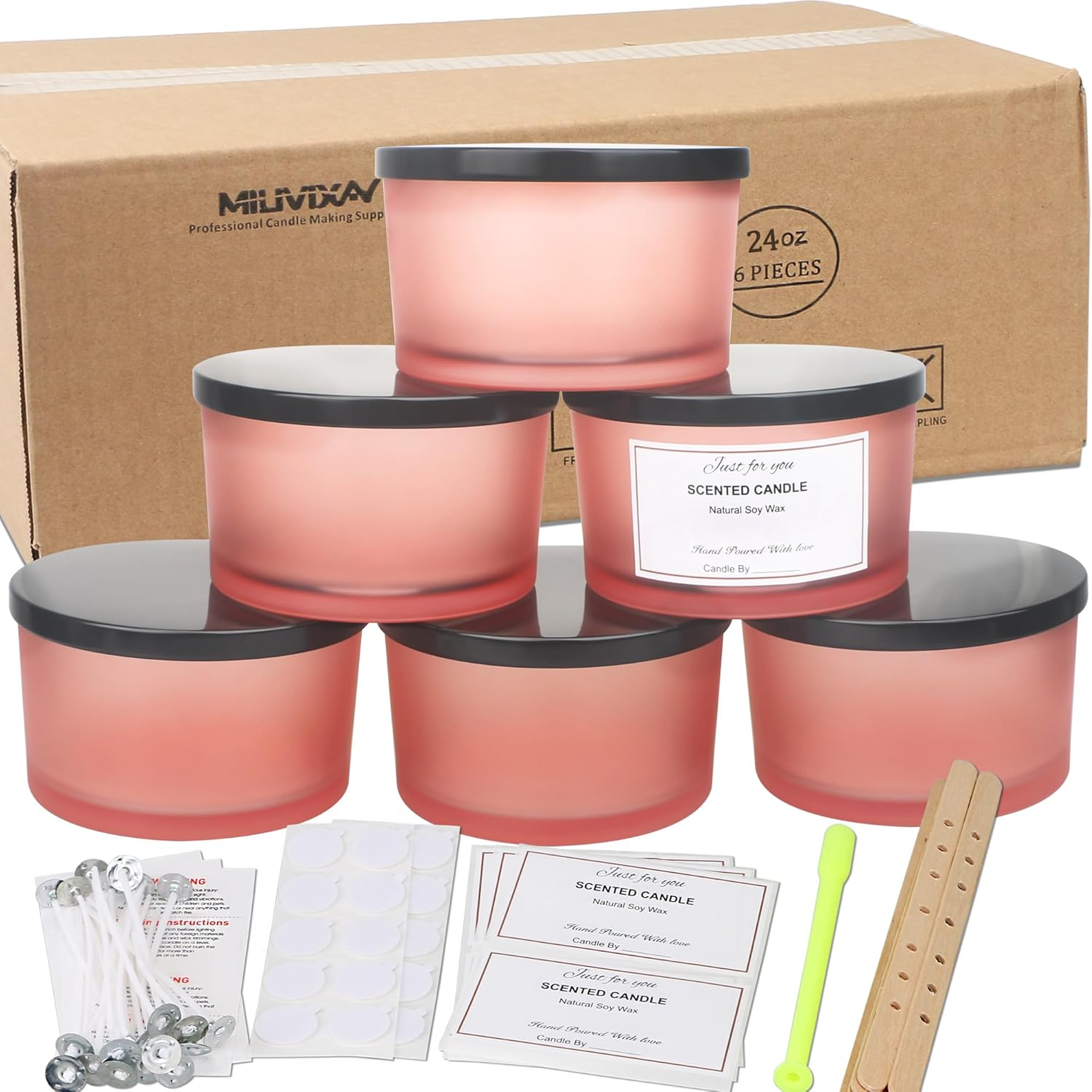 MILIVIXAY 6 X 16Oz Candle Jars with Bamboo Lids and Candle Making Kits - 3 Wick Candle Jars, Empty Matte Green Thick Jars for Making Large Candles - Spice Powder Containers