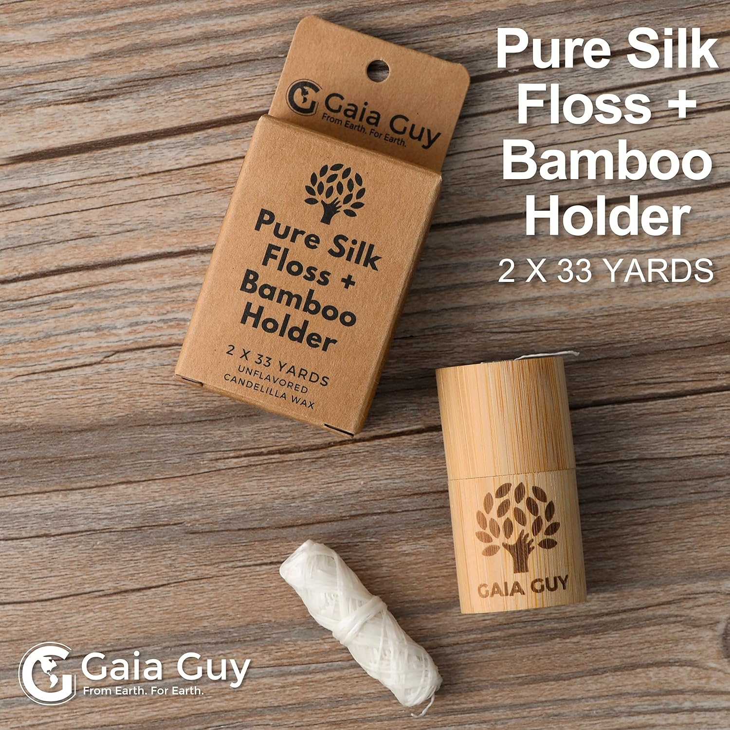 Gaia Guy Natural Unflavored Silk Dental Floss with Floss Refill & Reusable Bamboo Holder | 2 X 30 Meters of Compostable Pure Silk Waxed with Candelilla Wax | Plastic-Free Packaging image number 2