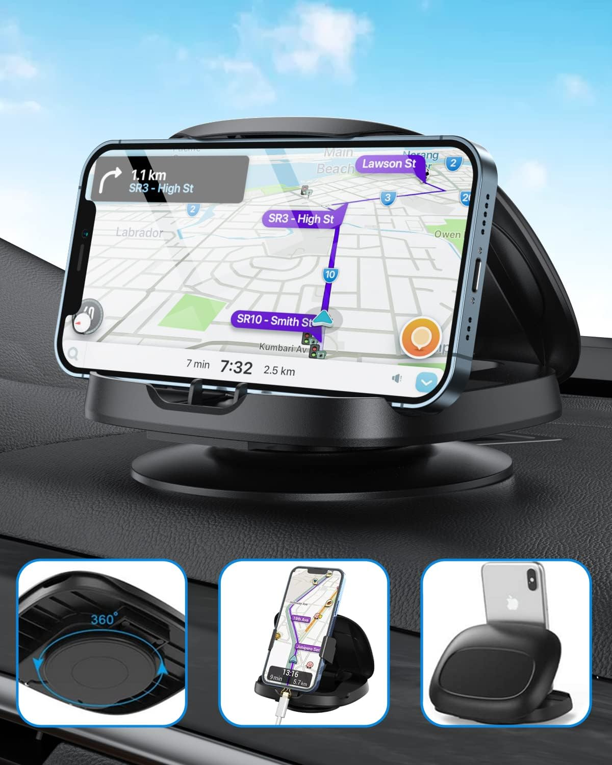 Car Phone Holder, 360&deg; Rotatable Phone Holder for Car Dashboard, Horizontal & Vertical Viewing Car Phone Mount，Washable Reusable Car Mobile Phone Holder, for Iphone Samsung Android Smartphones (Black