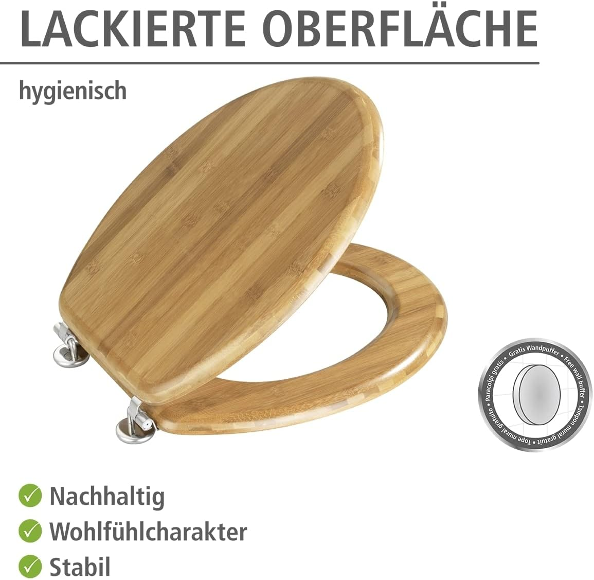 Wenko 144726100 Toilet Seat Bamboo Chromemetal Mounting, Bamboo, 37 X 42.5 Cm, Brown Dark Brown image number 2