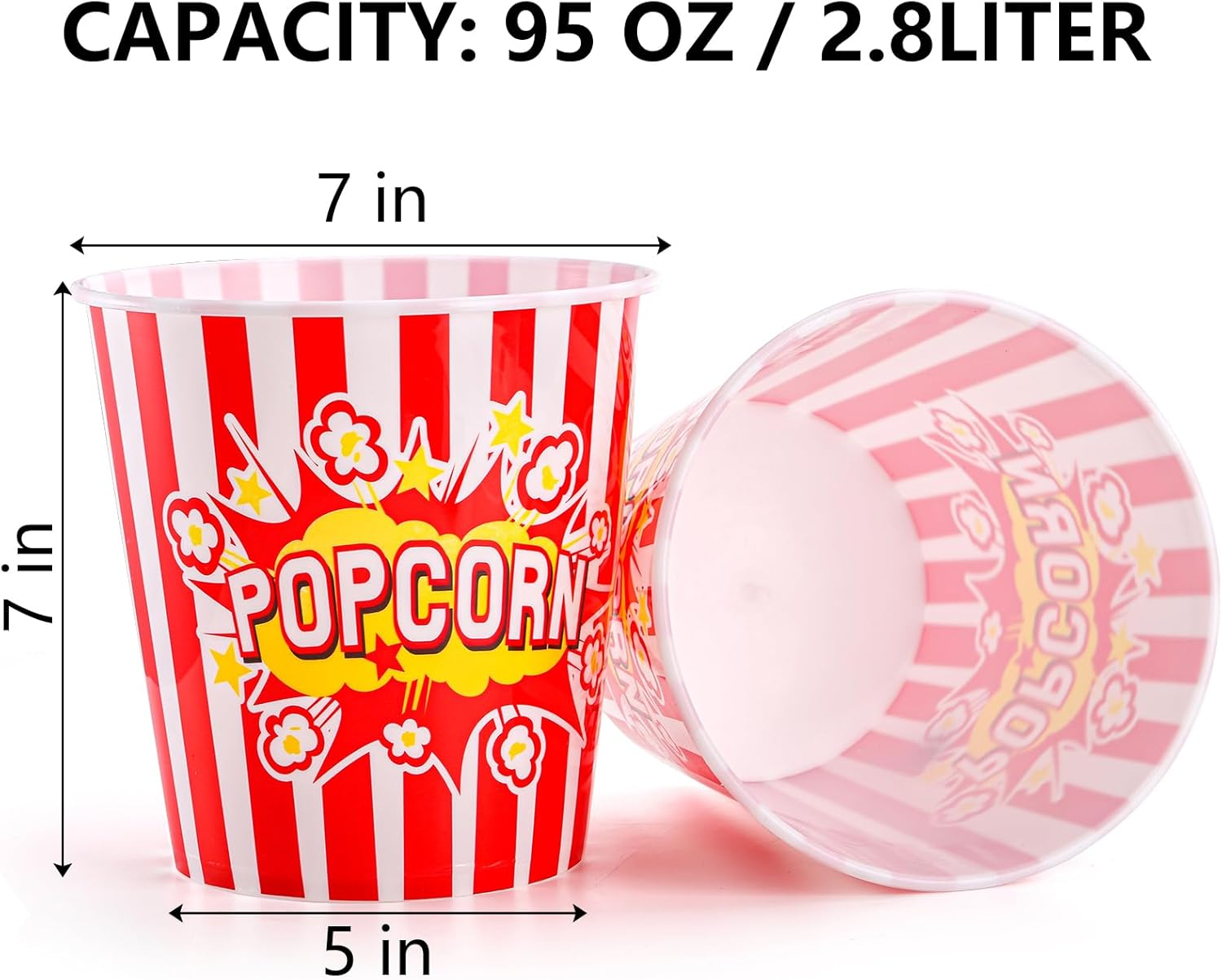 YOUEON 12 Pack Large Plastic Popcorn Bowls, 95 Oz Reusable Popcorn Containers in Red & White Striped Retro Style, Popcorn Buckets for Movie Night, Theater, Party Theme image number 2