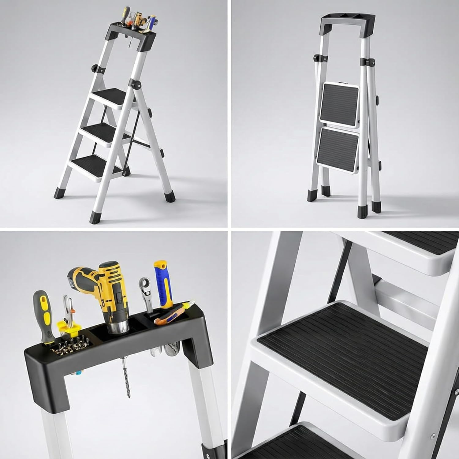 LEDON Thickened Multi-Functional Folding Herringbone Step Ladder - Portable, Retractable, Safety 3 Steps Ladder for Indoor & Outdoor Household Climbing with Tools Holder image number 1