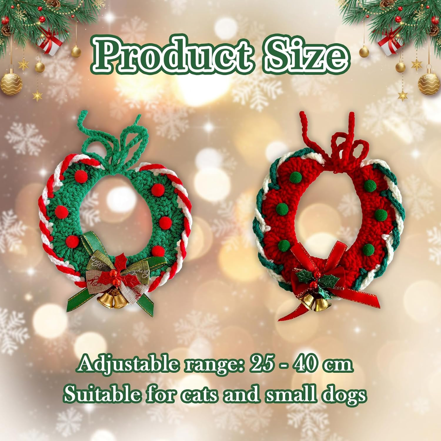 2 Pcs Christmas Collar with Bells Handmade Knitted Crochet Breakaway Scarf Collar for Cat and Puppy Adjustable Cute Woven Collars Necktie for Kittens Small Pets Accessories Christmas Costume Outfits image number 3