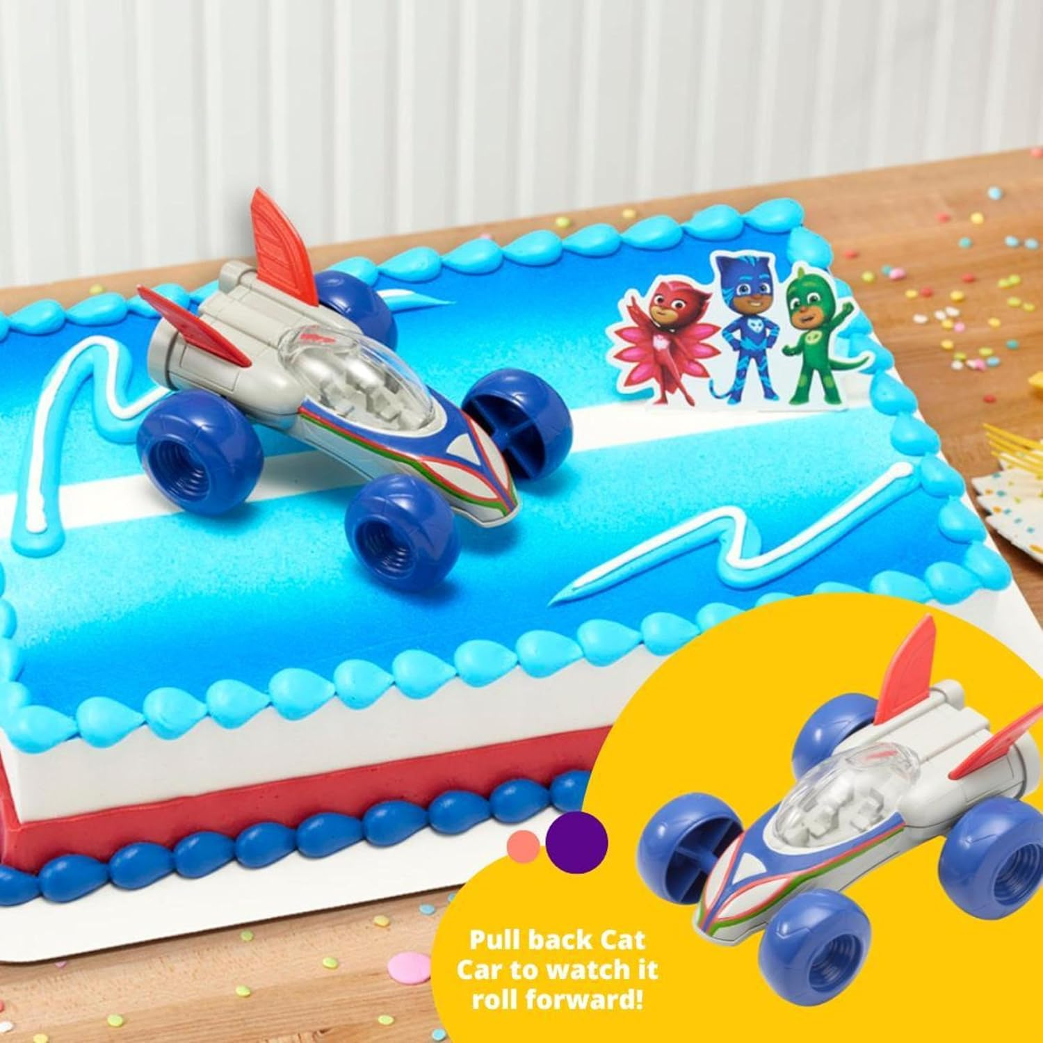 Decoset&reg; PJ Masks save the Day Cake Topper, 2 Piece Cake Decoration with Free-Wheeling Car and Catboy, Owlette, and Gekko Pic | for Birthday, Parties, Celebration
