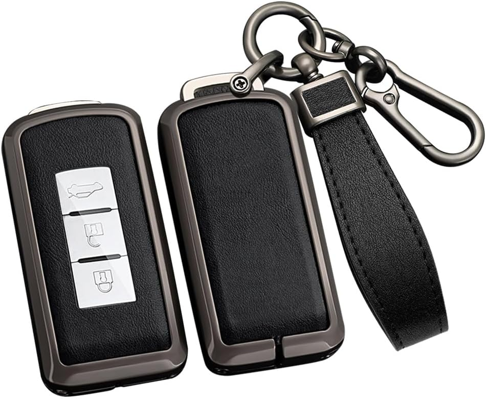 Ontto Metal Car Key Fob Cover Fit for Mitsubishi L200 ASX Outlander Eclipse Cross Pajero Sport Lancer Xpander Triton Leather Key Case Shell Key Holder Keyring Keychain Accessories Silver-Green