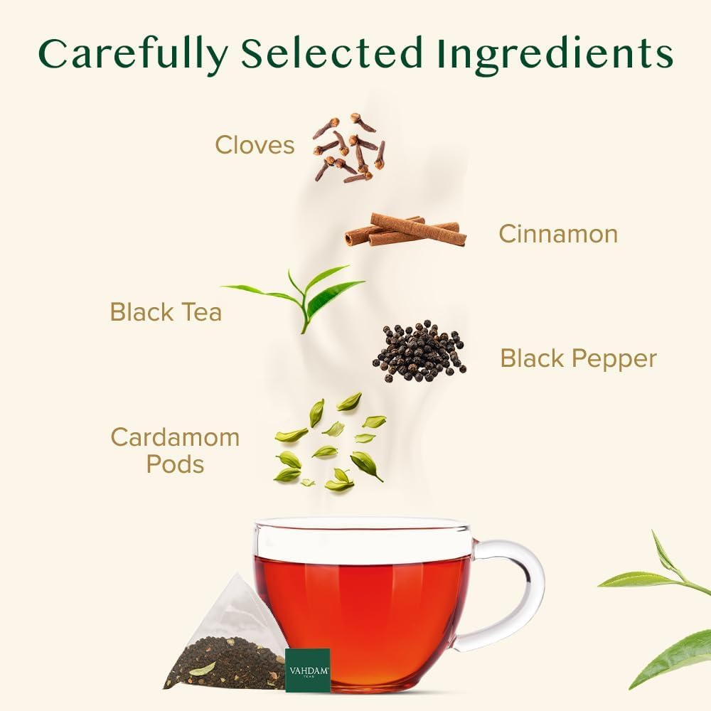 VAHDAM, India'S Original Masala Chai Tea Bags (100 Count) Non GMO, Gluten Free, No Added Flavoring | Blended W/Savory Exotic Spices | Whole Loose-Leaf Tea Bags | Resealable Ziplock Pouch image number 5
