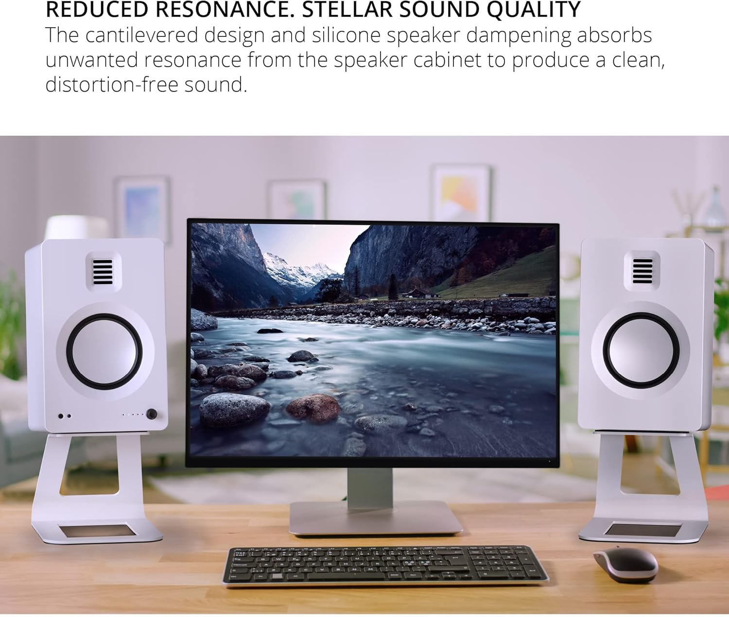 Kanto SE6W Elevated Desktop Speaker Stands for Large Bookshelf Speakers & Full-Size 5&rdquo;-7&rdquo; Studio Monitors | 6.9&rdquo; Tall | Supports 22 Lb | Damping 2.5 Mm Silicone Padding | &frac14;&rdquo;-20 Mounting | White | Pair - Black image number 2