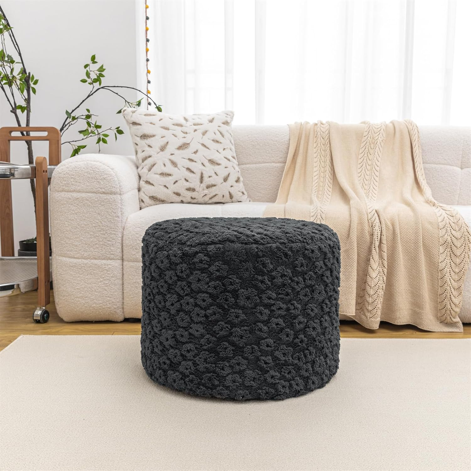 Stuffed Pouf Ottoman Comfy Floral Ottoman Foot Rest for Living Room Bedroom Kids Room Charm Floor Pouf for Home Decor Full Foam Filling Foot Rest for Couch (Dark Gray) - Light Gray image number 7