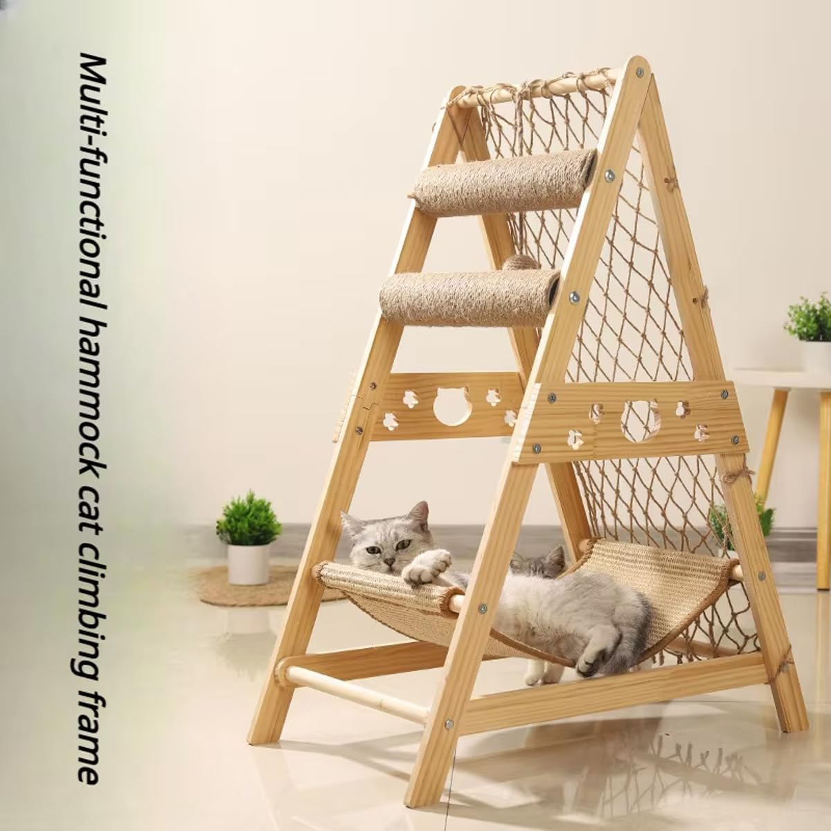 AIMALL Multifunctional Sisal Cat Climber with Hammock, Scratching Posts, and Play Ball - Durable Wood Cat Climbing Tower for Active Cats and Kittens - 33.5 Inch Tall image number 4