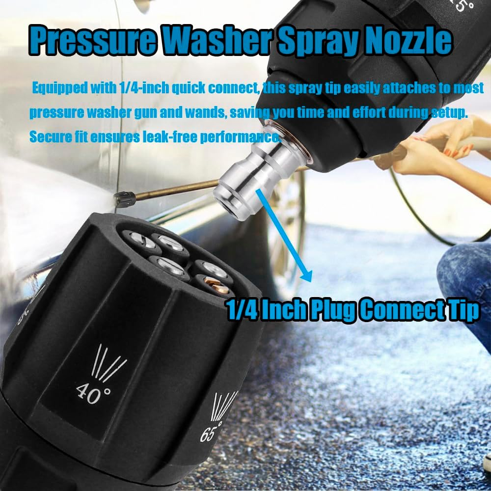 Yakamoz Pressure Washer Spray Nozzle 5-In-1, Quick Changeover Power Washer Nozzle for High Pressure Washer, 1/4 Inch Plug Connect Tips, 3000 PSI image number 4