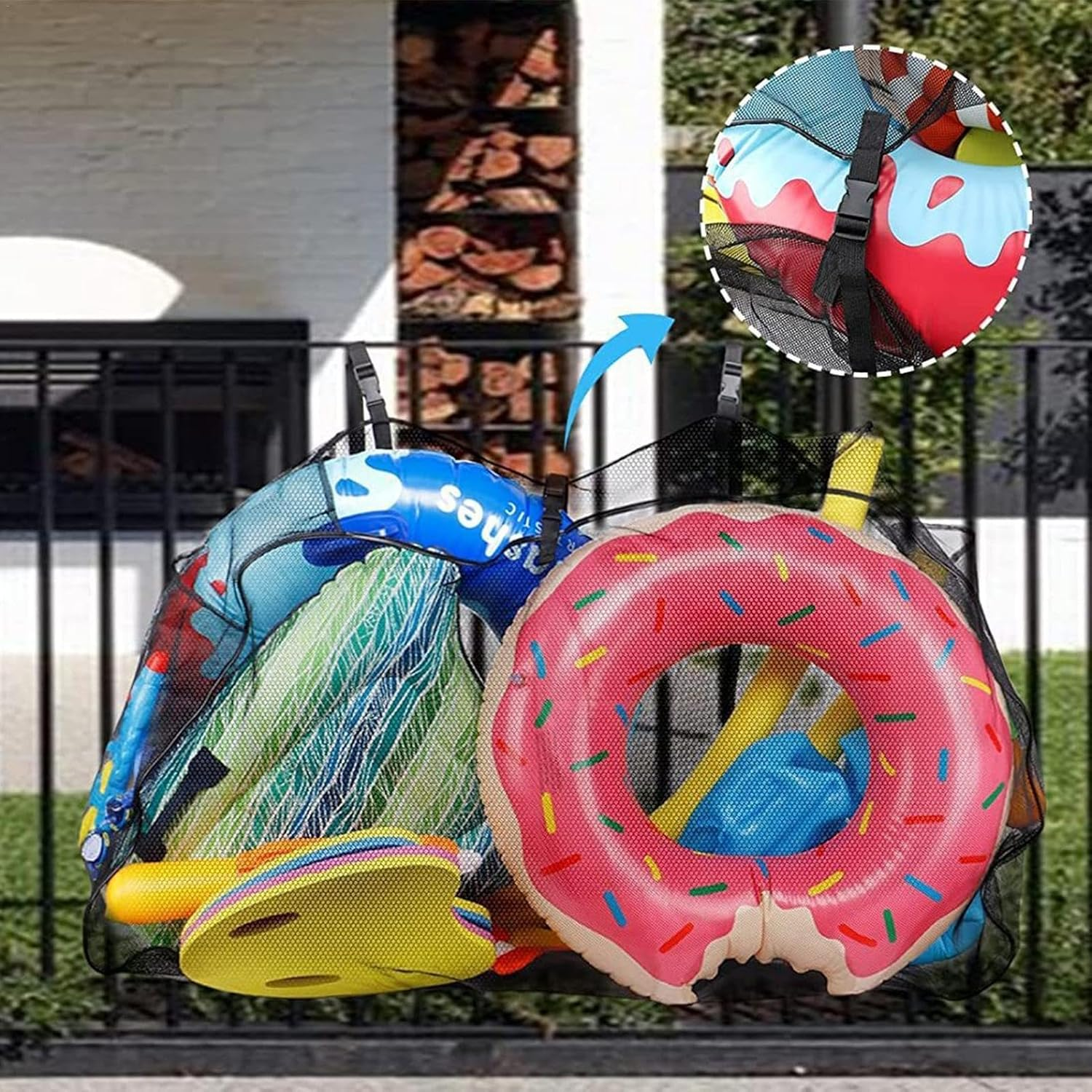Pool Float Toy Storage Mesh Bag | Swimming Pool Storage Organizer - Large Capacity Adjustable Poolside Pouch, Fence Net Holder for Inflatables image number 4