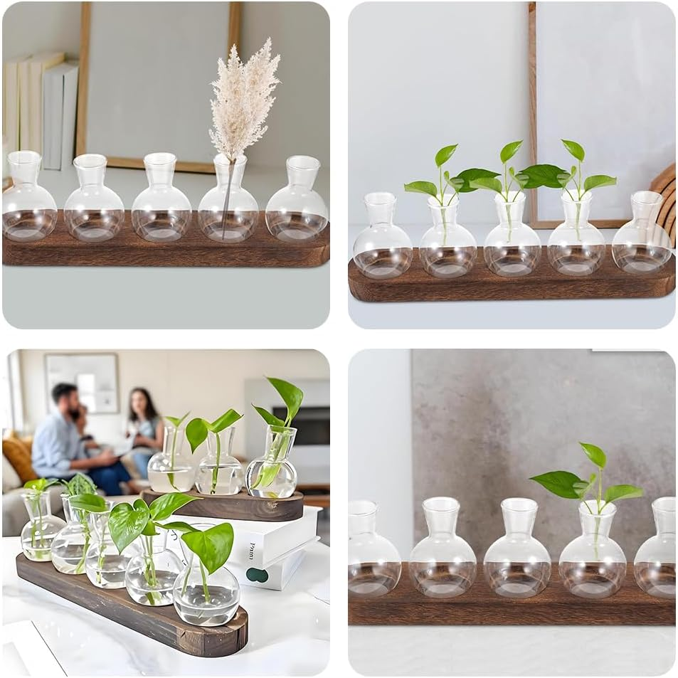 5-Piece Mini Acrylic Vase, Modern Bud Jardiniere Collection, Decorative Tabletop Bottle, with Wooden Holder for Flowers, Centerpieces & Home D&eacute;cor image number 2