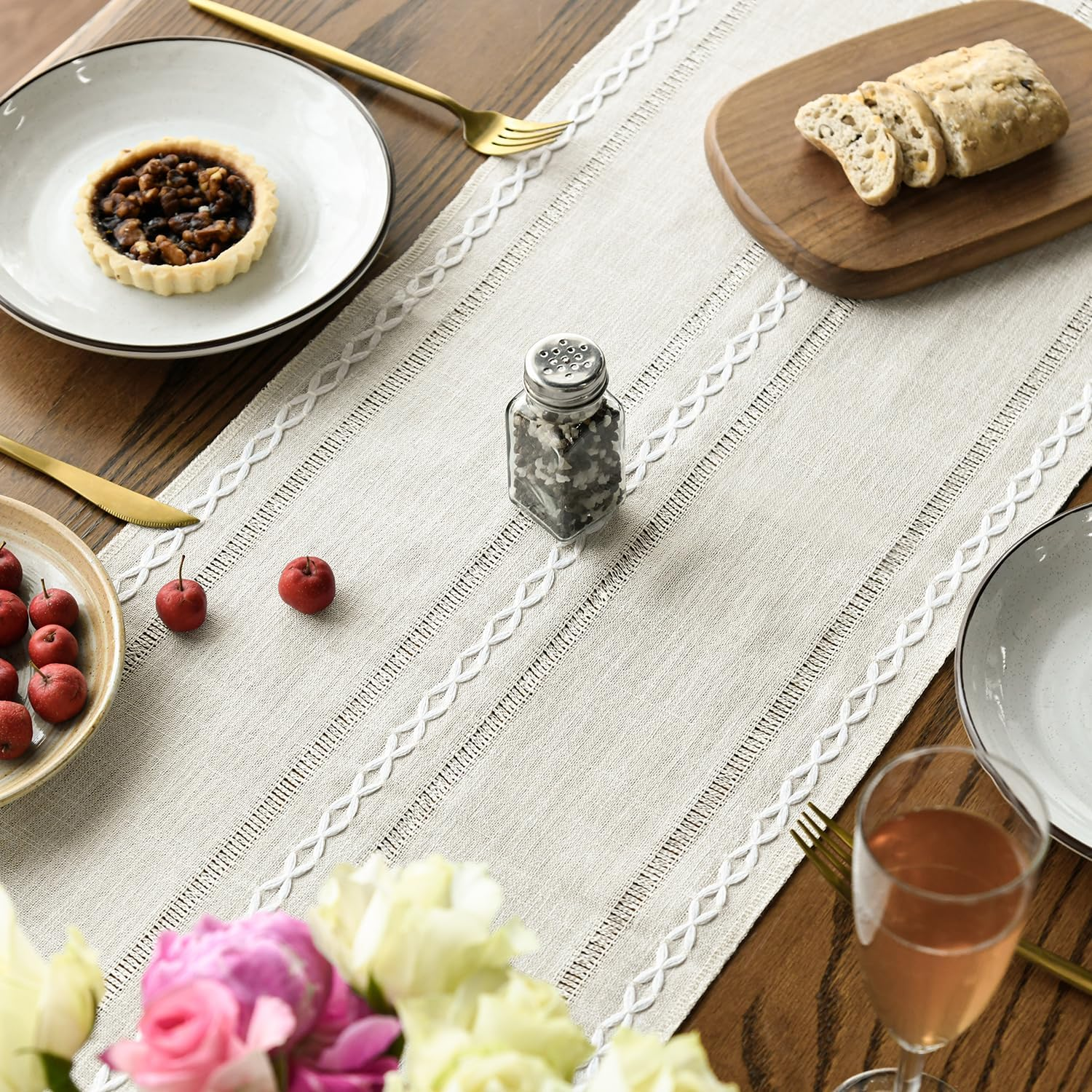 Artoid Mode Beige Rustic Cotton Linen Table Runner, Seasonal Embroidered Hollow Kitchen Dining Table Decoration for Home Party Decor 13X72 Inch