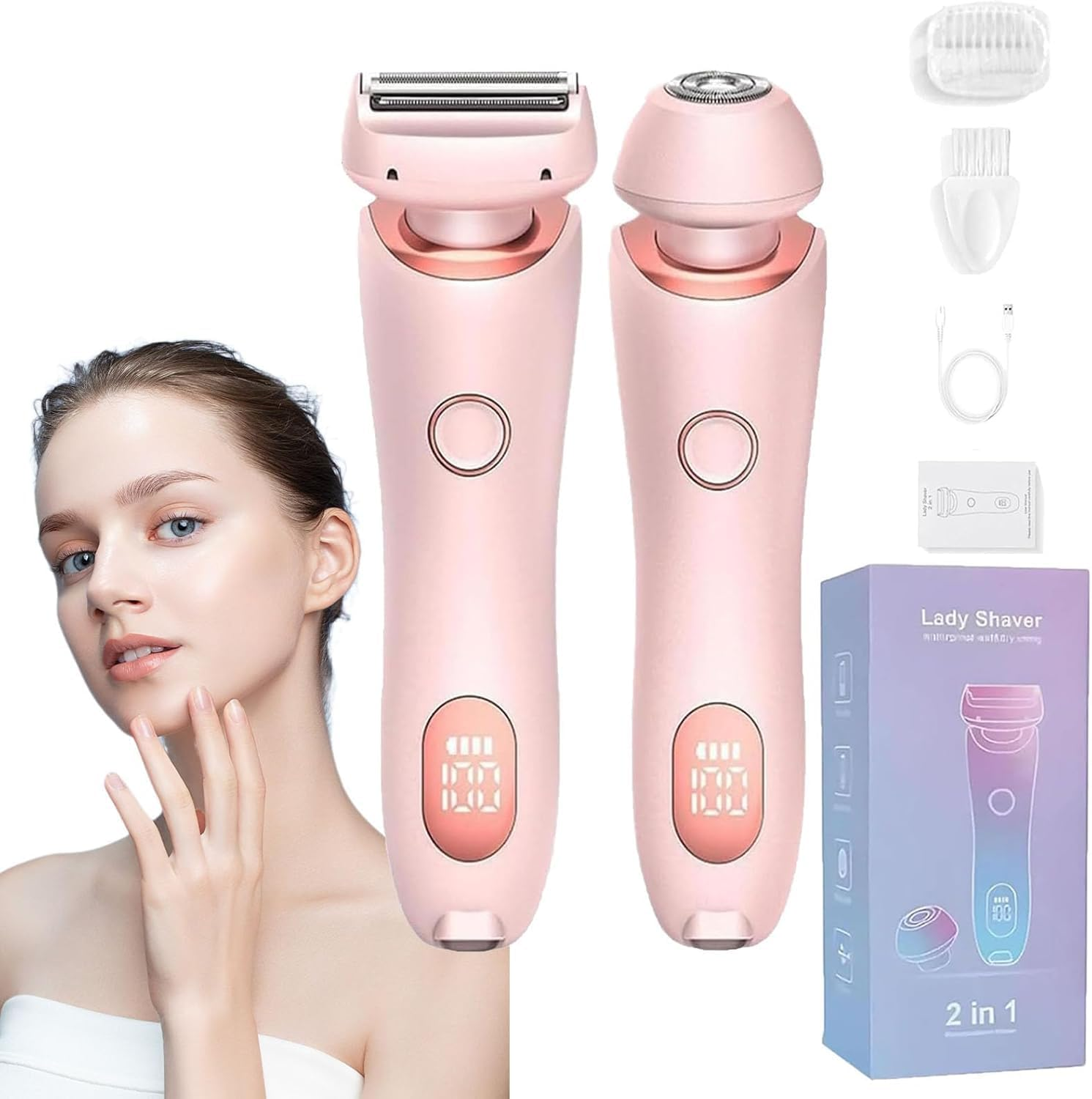 Comfort 2 in 1 Electric Lady Shaver, Bikini Shaver, Waterproof Body Hair Trimmer, Dual Head Shaver Women, Bikini & Body Shaving, Ladies Underarm Face Lip Legs Hands Hair Trimmer, Wet & Dry QFFAFAR (Pink)