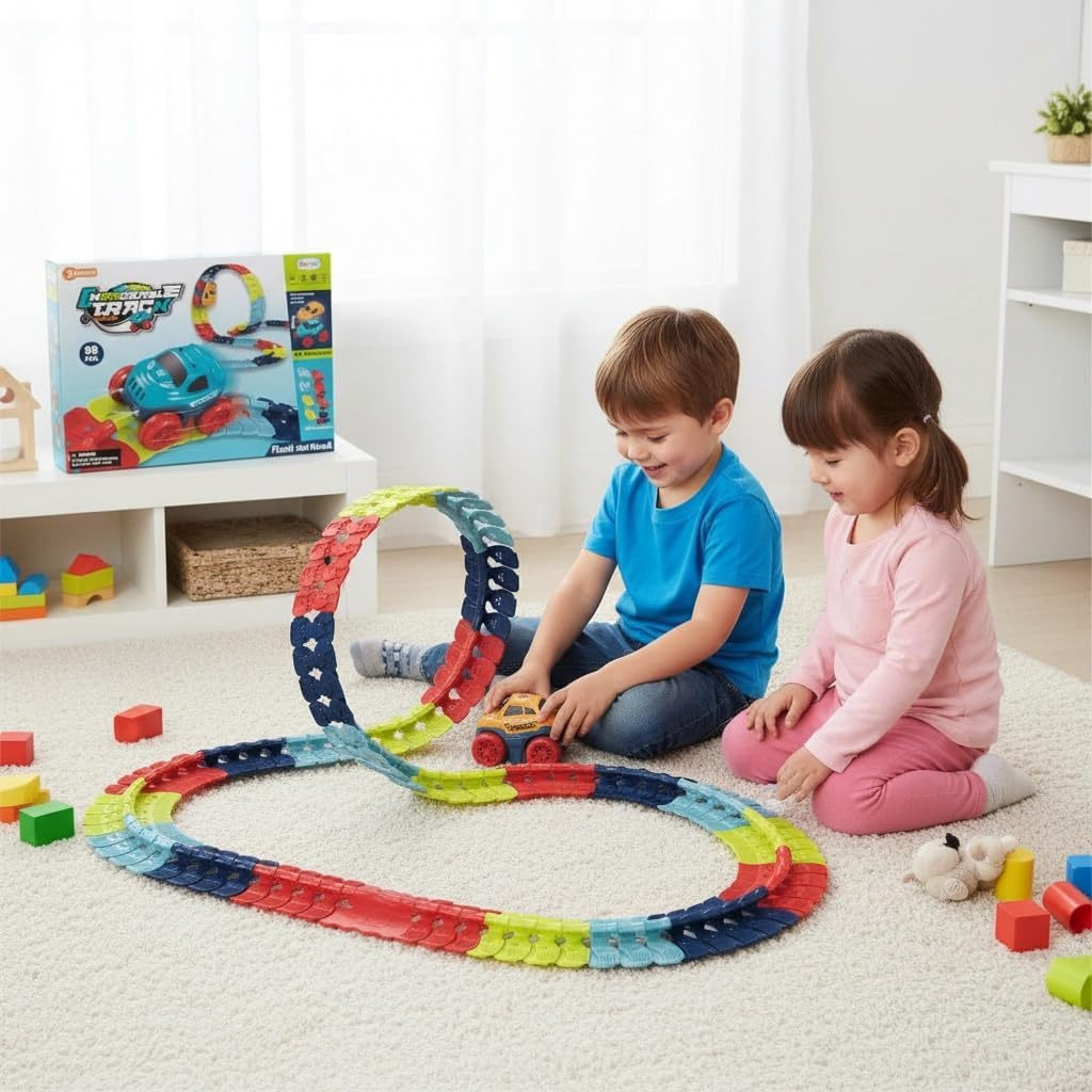 Zero Gravity Car Track Set Race Track Toys for Boys Kids LED Light-Up Race Car,Flexible Changeable Magic Race Car Track Toys for 3 4 5 6 7 8+Year Old Boys Girls as Best Birthday Gift (195 PCS) - 146 Pcs image number 7