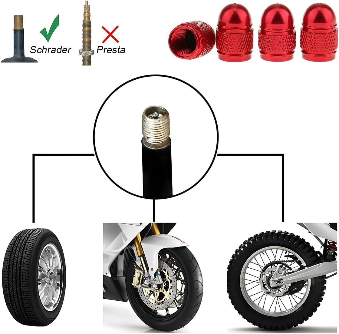 CGEAMDY Pack of 8 Car Valve Caps Cover, Car Valve Aluminium Caps, Car Tyre Bullet Valve Cap, Tyre Valve Dust Caps, Universal Replacement (Red) image number 3