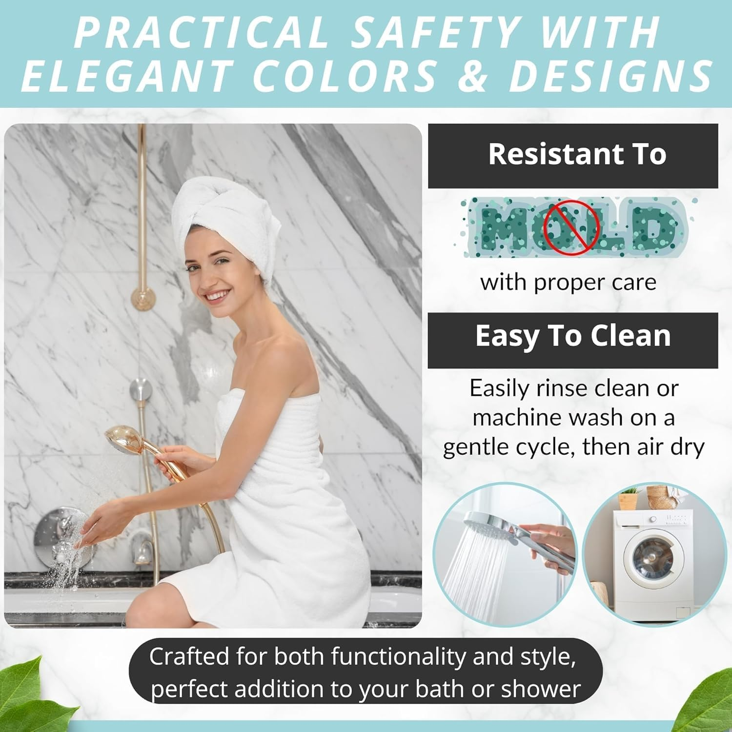 Extra Long Non-Slip Bath & Shower Mat (100Cm X 40Cm), Soft PVC Antibacterial Bathmat for Tub with Drain Holes, Quick-Dry, Secure Safety Mat for Elderly, Kids, Adults, Machine Washable (White)