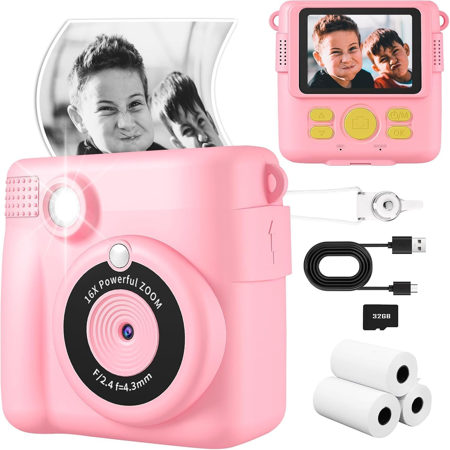 Kids Camera - Children'S Instant Camera Print 1080P 2.4 Inch Screen, Digital Camera with 16X Digital Zoom, 32GB TF Card, Card Reader, Colored Pens for 3-12 Boys and Girls Years Gift PINK