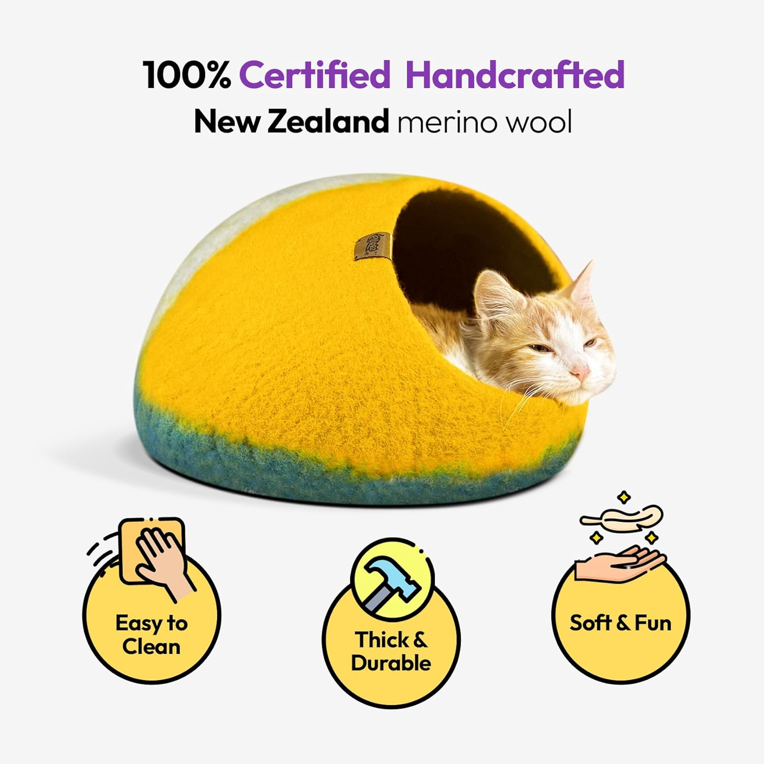 Cozy Wool Cat Nest: Elevated Orthopedic Handmade Merino Wool Cat Bed Cave - Premium Felt Cat Pods, Soft Felted Hideout for Cats & Kittens (Medium, Great Barrier Reef) image number 2