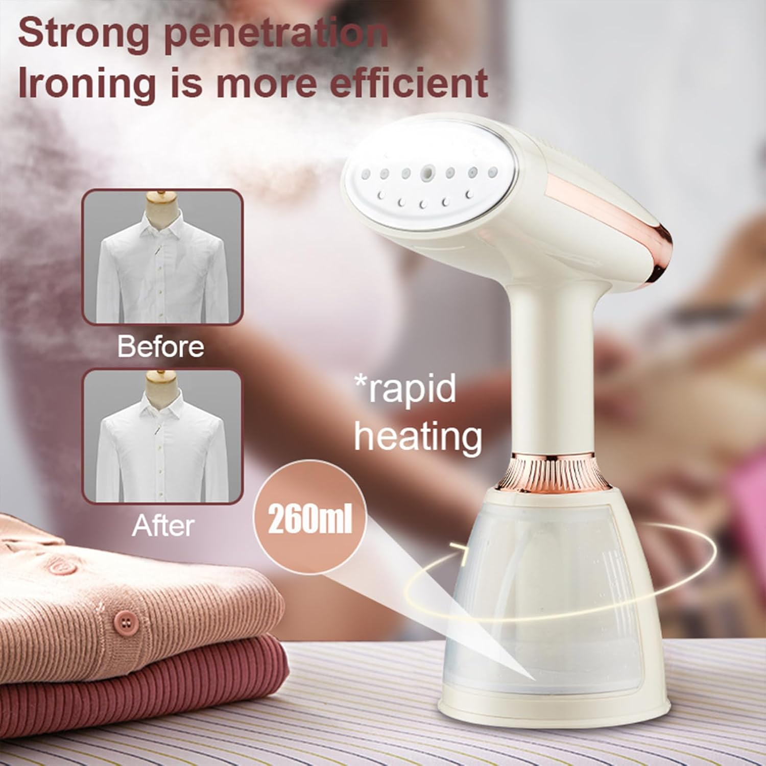 Handheld Garment Steamer, 30S Fast Heat Up1500W, Portable Travel Clothing Fabric Steamer with 260Ml Water Tank, Stainless Steel Heated Plate, for Home and Travel (AU PLUG) image number 1
