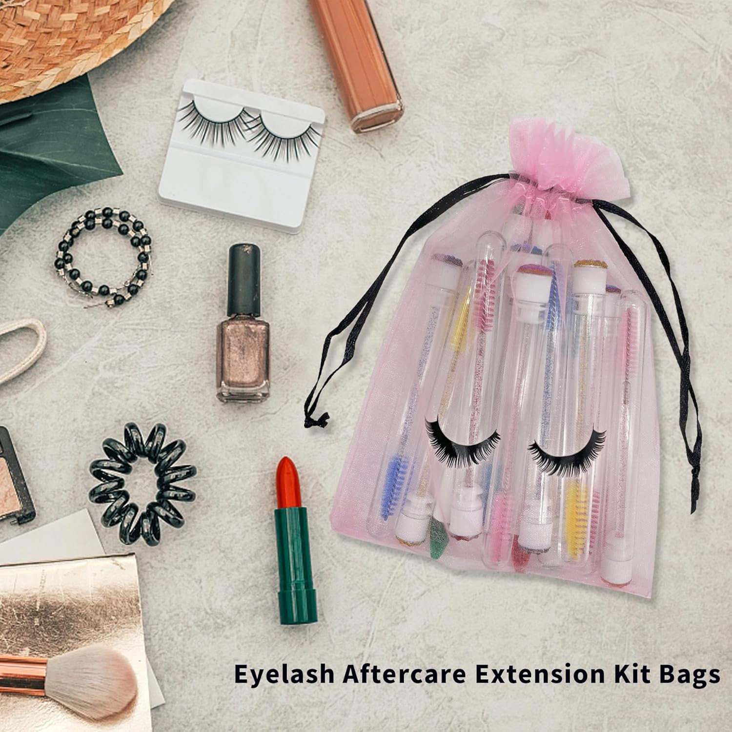 Jexila 100 Pack Pink Lash Bags for Clients Eyelash Aftercare Lash Extension Kit Bags Pink Mesh Makeup Bag with Drawstring Cosmetic Organza Gift Bag for Small Business Supplies image number 2