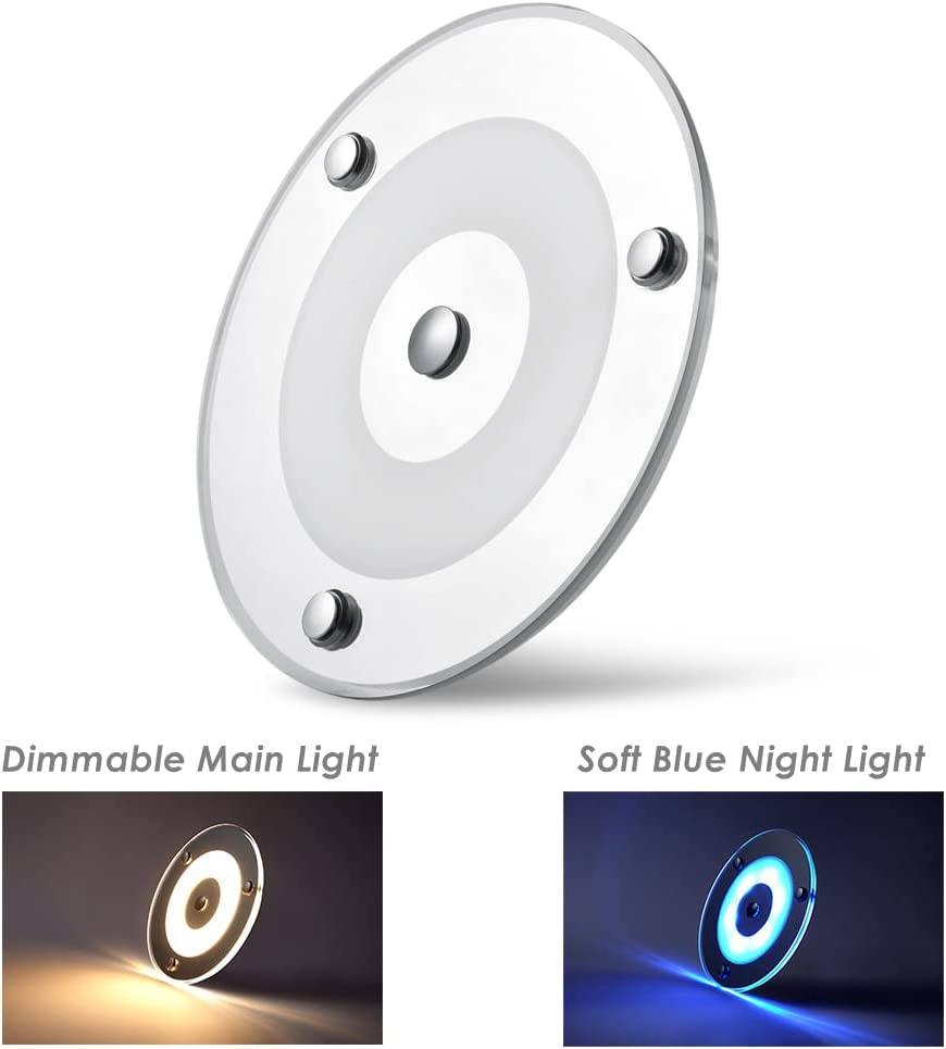 Camper Van 12V LED Panel Ceiling Light 120Mm 4.5W Dimmable 24V 400LM 3000K with Blue Night Light Touch Switch for RV Boat Caravan Marine Interior Lighting, Surface Mount Warm White 2 Pcs image number 3