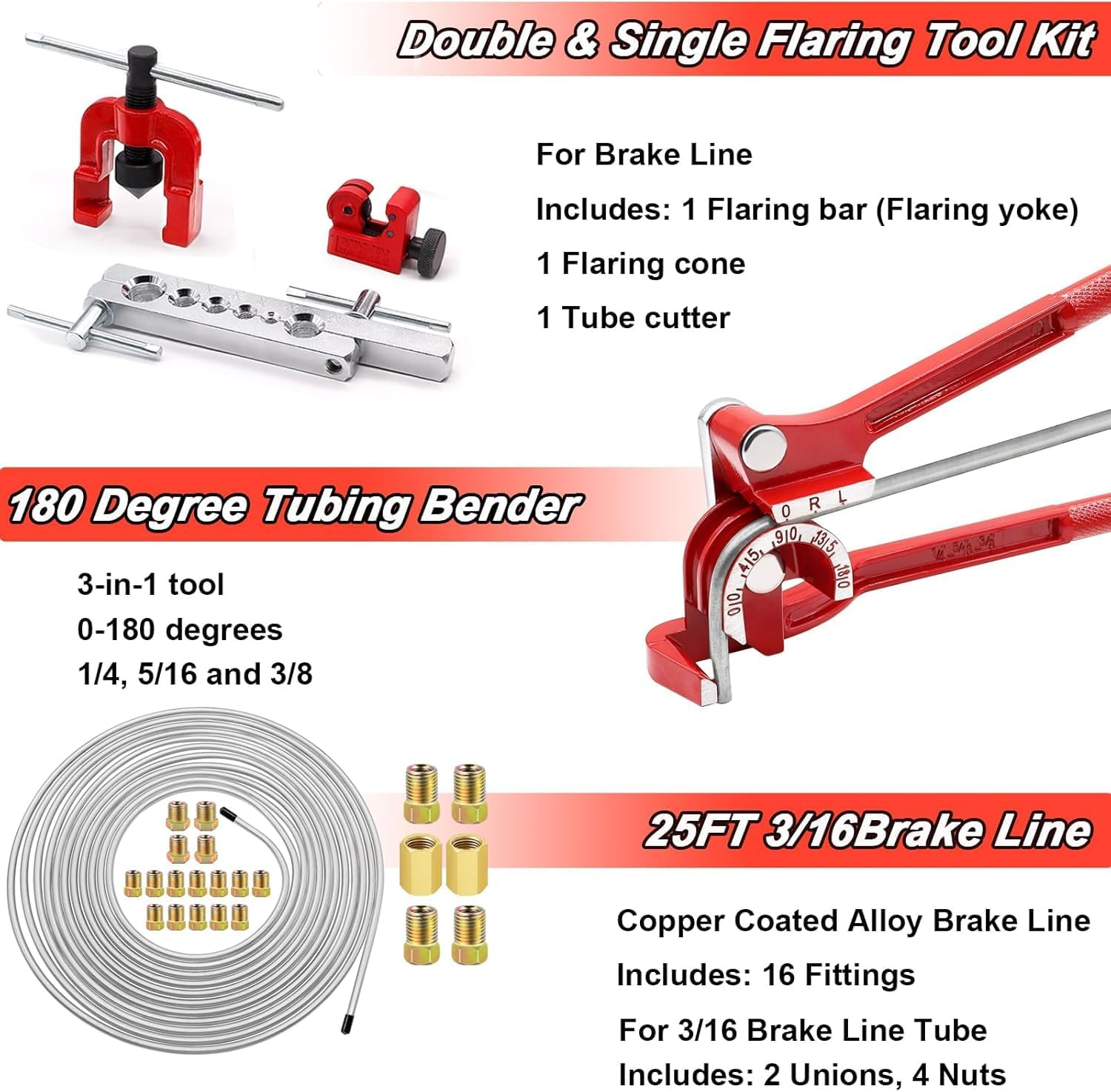 26Pack 3/16 Inch Brake Line Kit Include 25 FT Zinc-Plated Brake Lines with Fitting(16Pcs Fittings,2Pcs Union+4Pcs Nut) Brake Line Bender,Single Flare Tool,Cutter 3/16 Inch Brake Line Kit (26)