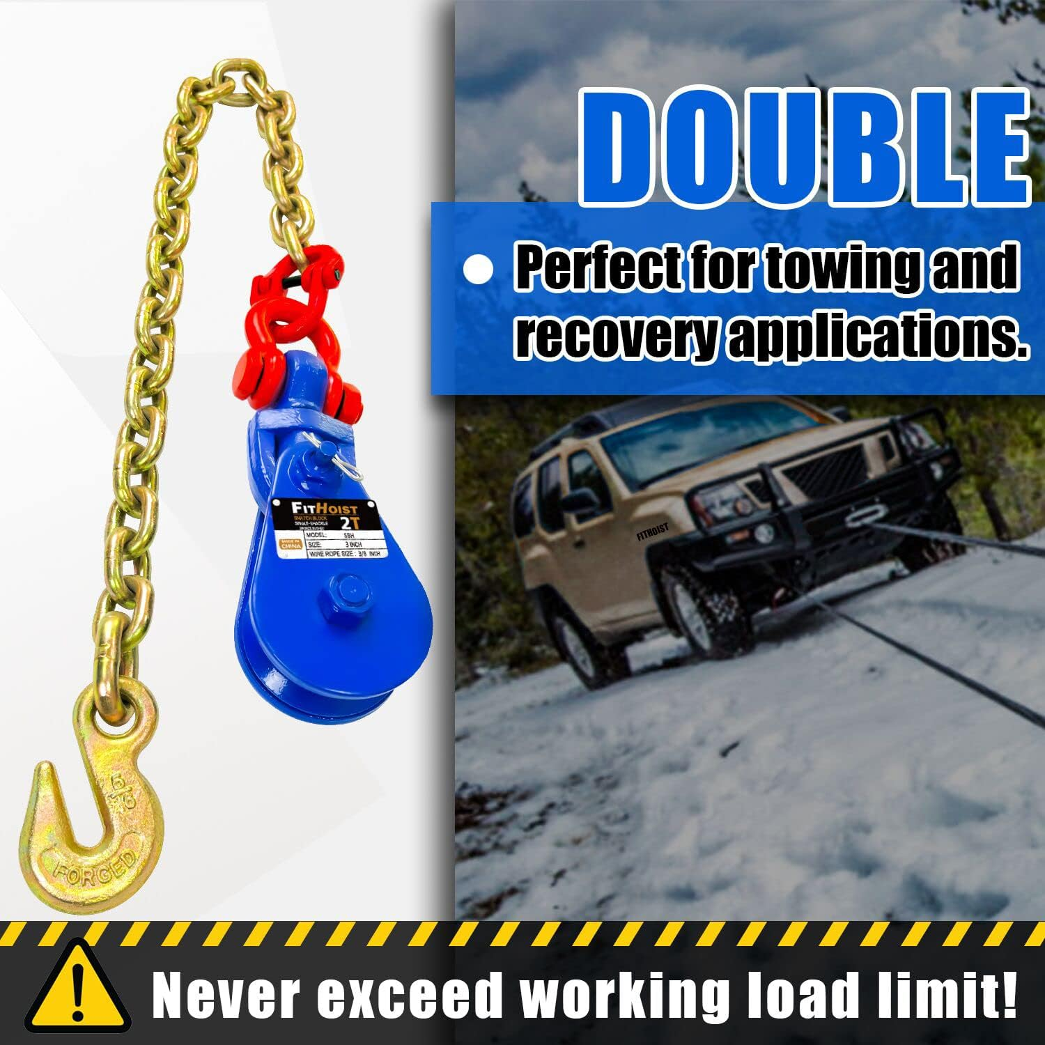 FITHOIST 2 Tons Snatch Block with G80 Chain | 3" Sheave for 3/8" Inch Wire Rope | High Strength Snatch Blocks for Towing and Recovery Applications | Tow Truck Rollback Wrecker Car Hauler Winch image number 2