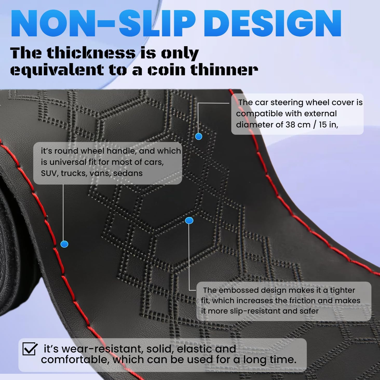 DEEYOTA Car Steering Wheel Cover Universal Fit round Stitch Steering Wheel Wrap Thin PU Leather Steering Wheel Cover Sewn on 15" Car Wheel (Black) - Coffee image number 4