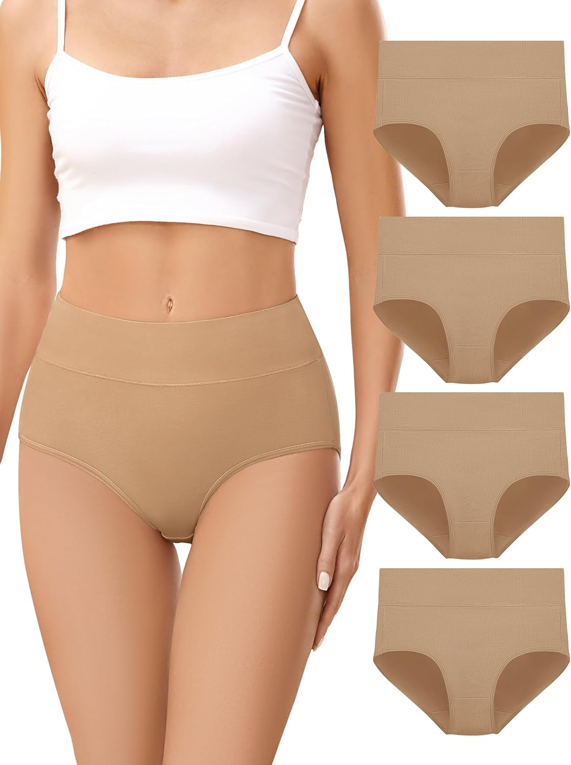 VOENXE Women'S Cotton Underwear High Waisted Ladies Panties,Comfortable Stretchy Full Coverage Brief,Breathable Undies,4 Pack