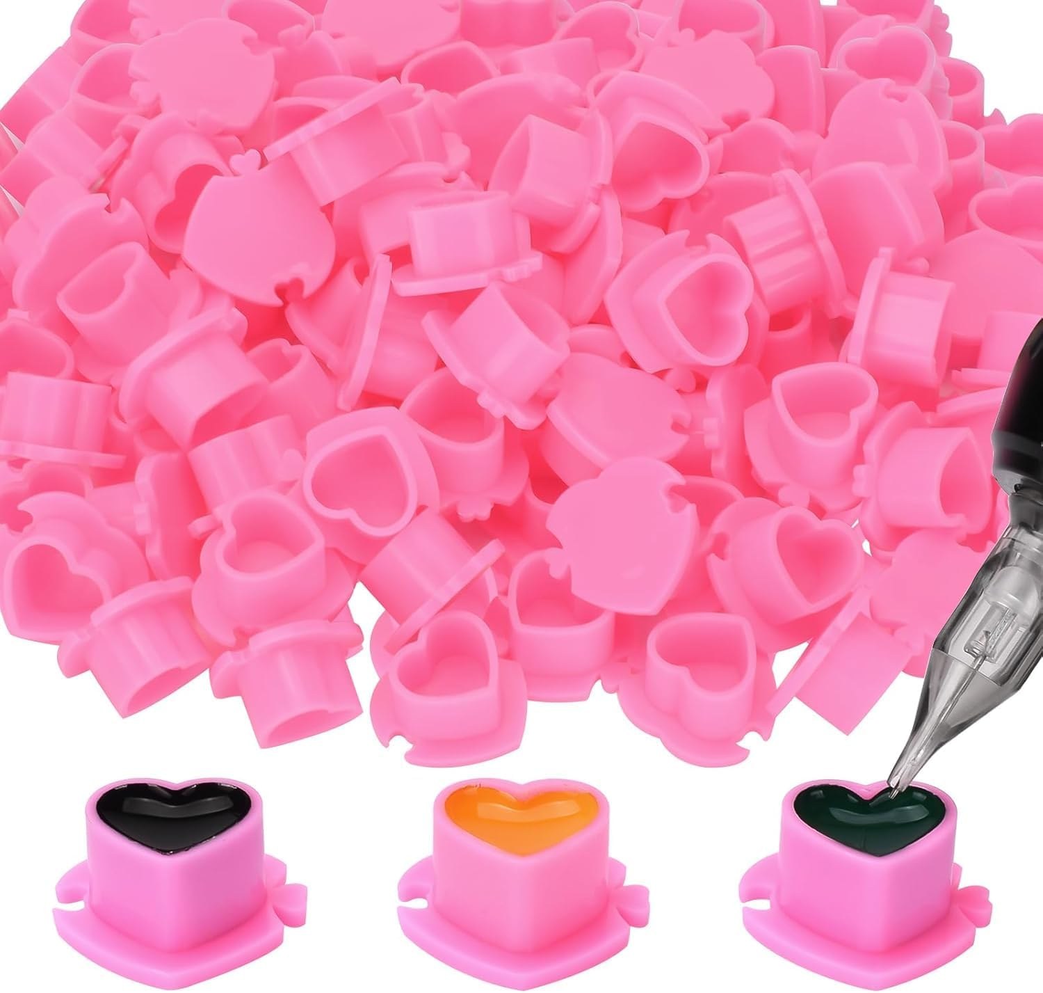 Heart-Shaped Tattoo Ink Cups with Base Pink, 200Pcs Pink Heart Design Silicone Ink Cups, Silicone Tattoo Ink Holders