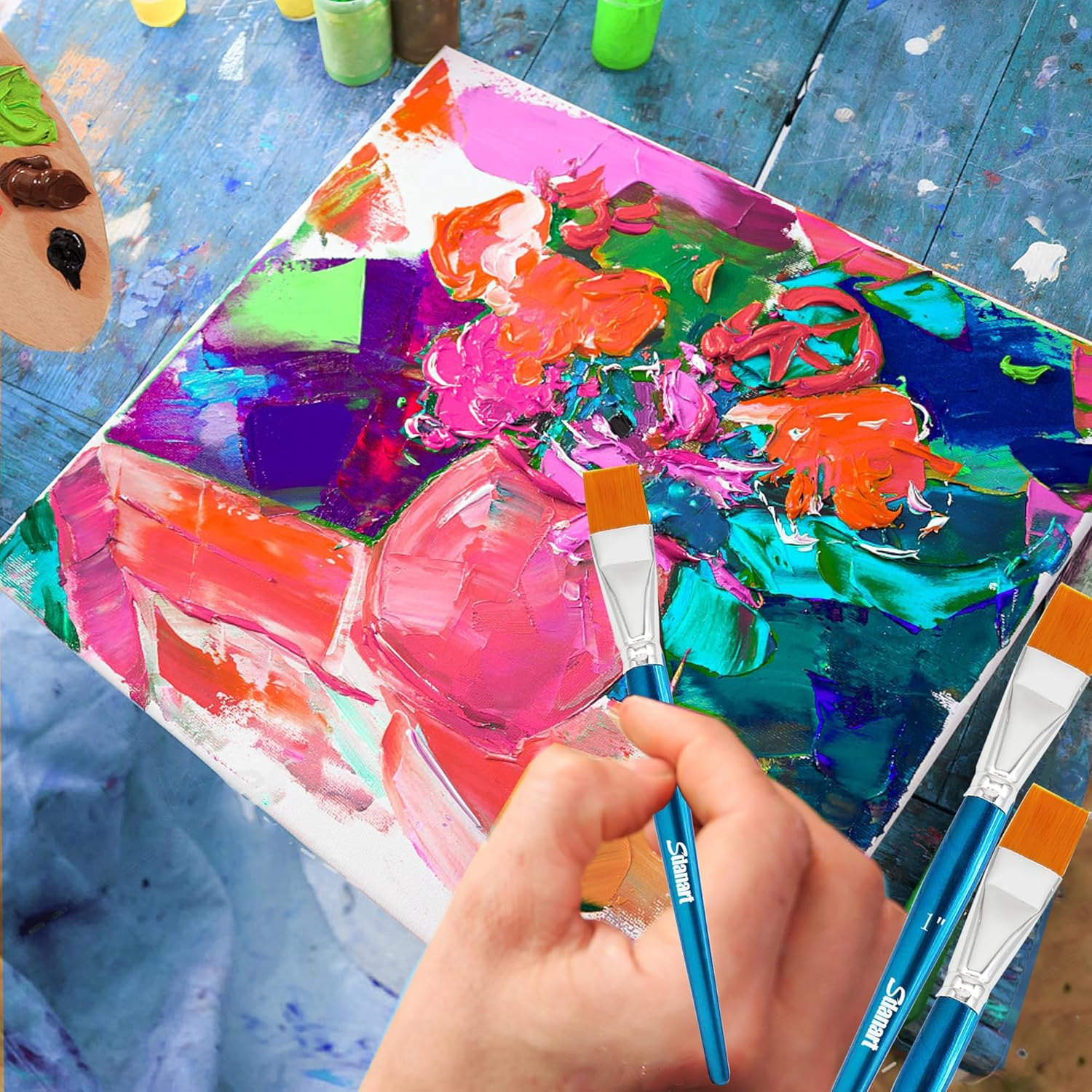 Sdanart 1 Inch Flat Paint Brushes for Acrylic Painting，3 PCS Large Acrylic Paint Brushes Bulk，Fabric Paint Brushes Craft Brushes，Artists Paintbrushes for Watercolor Oil Rock Face Body Art Canvas (3) image number 1