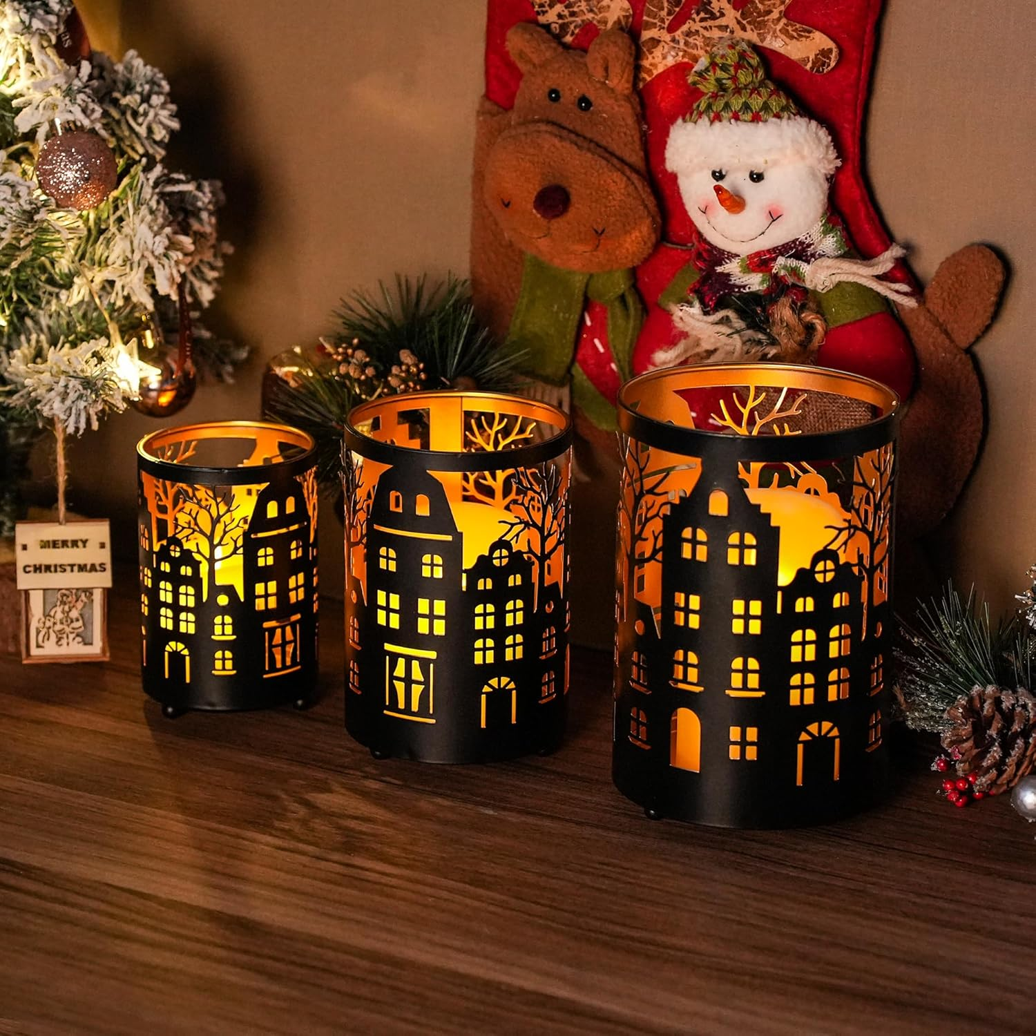 TRIROCKS Set of 3 Metal Candle Lanterns, Decorative Tealight Holders with Cutout House & Tree Design, Wind Lights for Indoor Outdoor Decor（Black Brushed Gold）