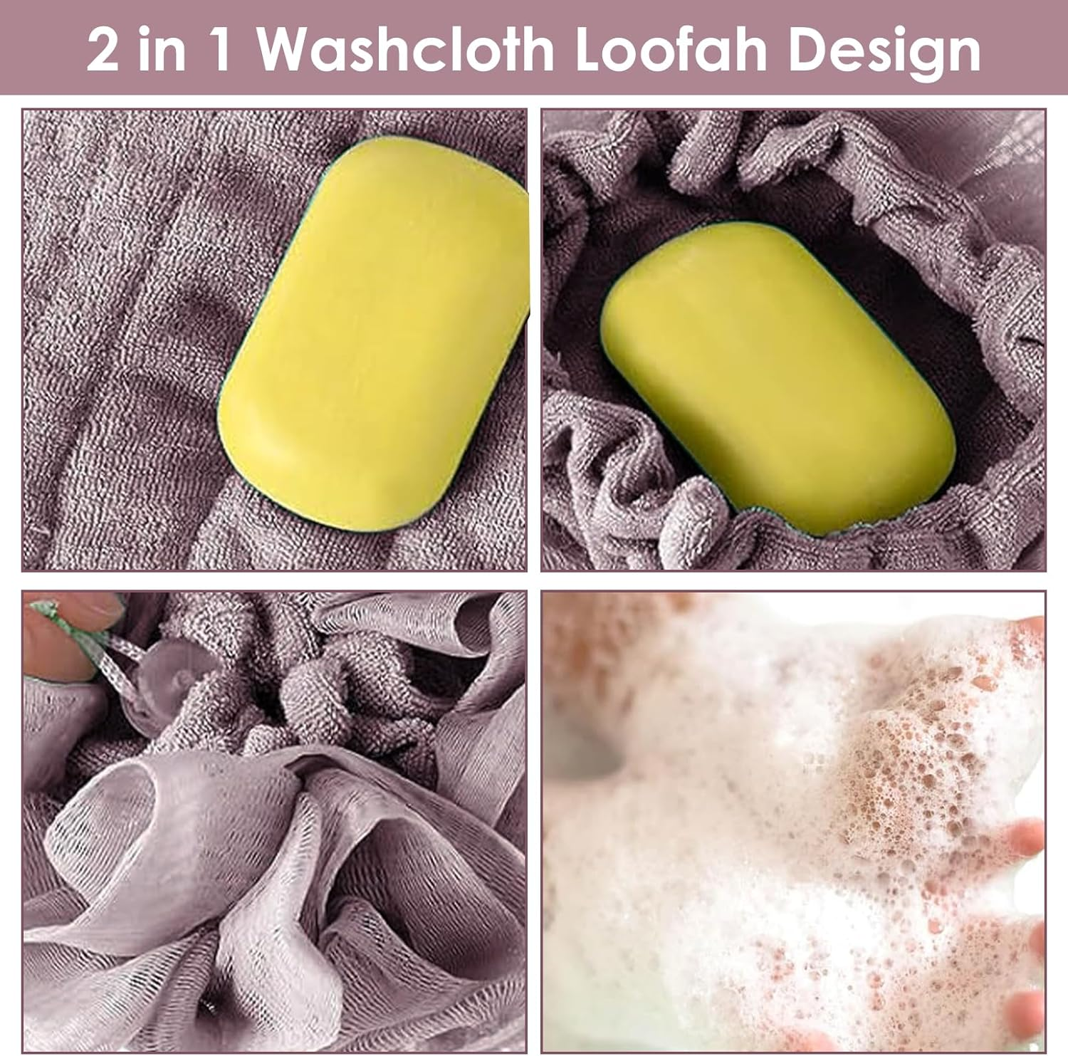 Reignsword 3 Pack 2-In-1 Washcloth Loofah Combo, Exfoliation Bath Loofah Sponge with Drawstring, Mesh Shower Ball for Body Wash and Cleanse Skin (Khaki+Brown+Pink) image number 1