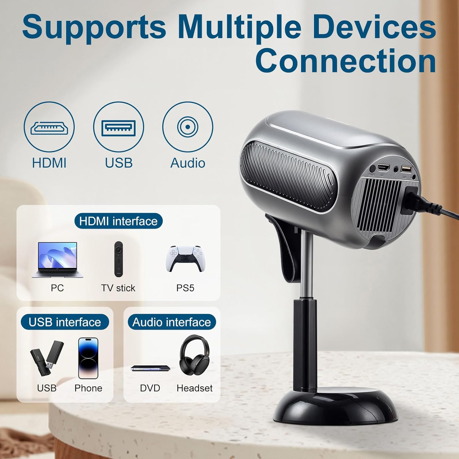 Mini Projector with Wifi 6 & Bluetooth, 240 ANSI Portable Projector, 4K 1080P Supported, 90&deg; Adjustable Hidden Stand, Smart Home Theater Projector for Indoor & Outdoor Use image number 4