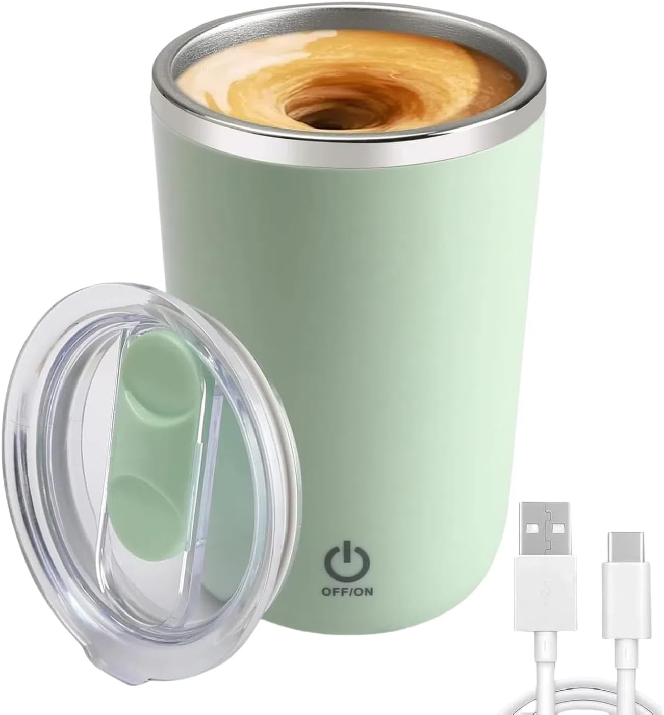LIFEBEA Rechargeable Self Stirring Coffee Mug &ndash; Automatic Electric Mixer Cup with Lid, 304 SS, IPX6 Waterproof for Protein Powder, No-Lump, Portable Travel Mug - Green