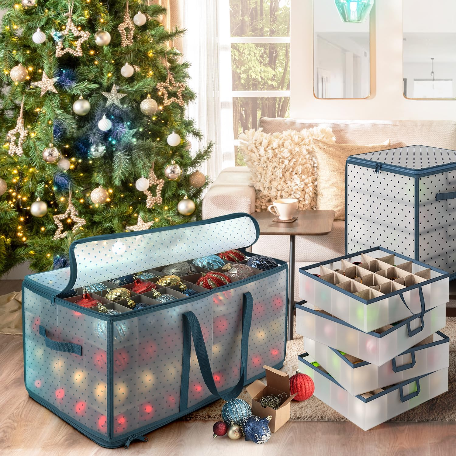 Hearth & Harbor Large Christmas Ornament Storage Box with Adjustable Dividers - Plastic Ornament Storage Container for 128 Holiday Ornaments or Decorations image number 5